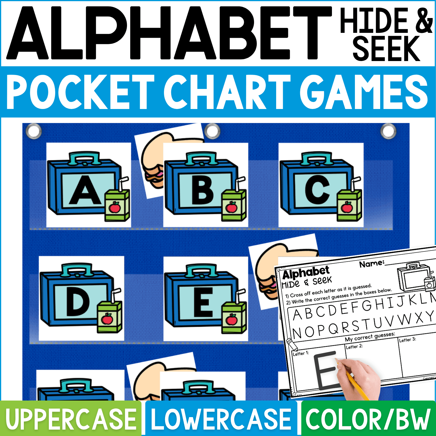 School lunch Alphabet Hide and Seek pocket chart game featuring blue lunchbox letter cards with uppercase A, B, C, D, and E alongside small juice boxes. Sandwich hiding cards peek from behind selected lunchboxes for an interactive alphabet guessing activity, while the Alphabet Hide & Seek recording sheet lets students cross off letters and record correct guesses. Cover highlights uppercase and lowercase alphabet practice in color and black-and-white formats for back-to-school literacy centers, preschool, kindergarten, and school lunch themed letter recognition.