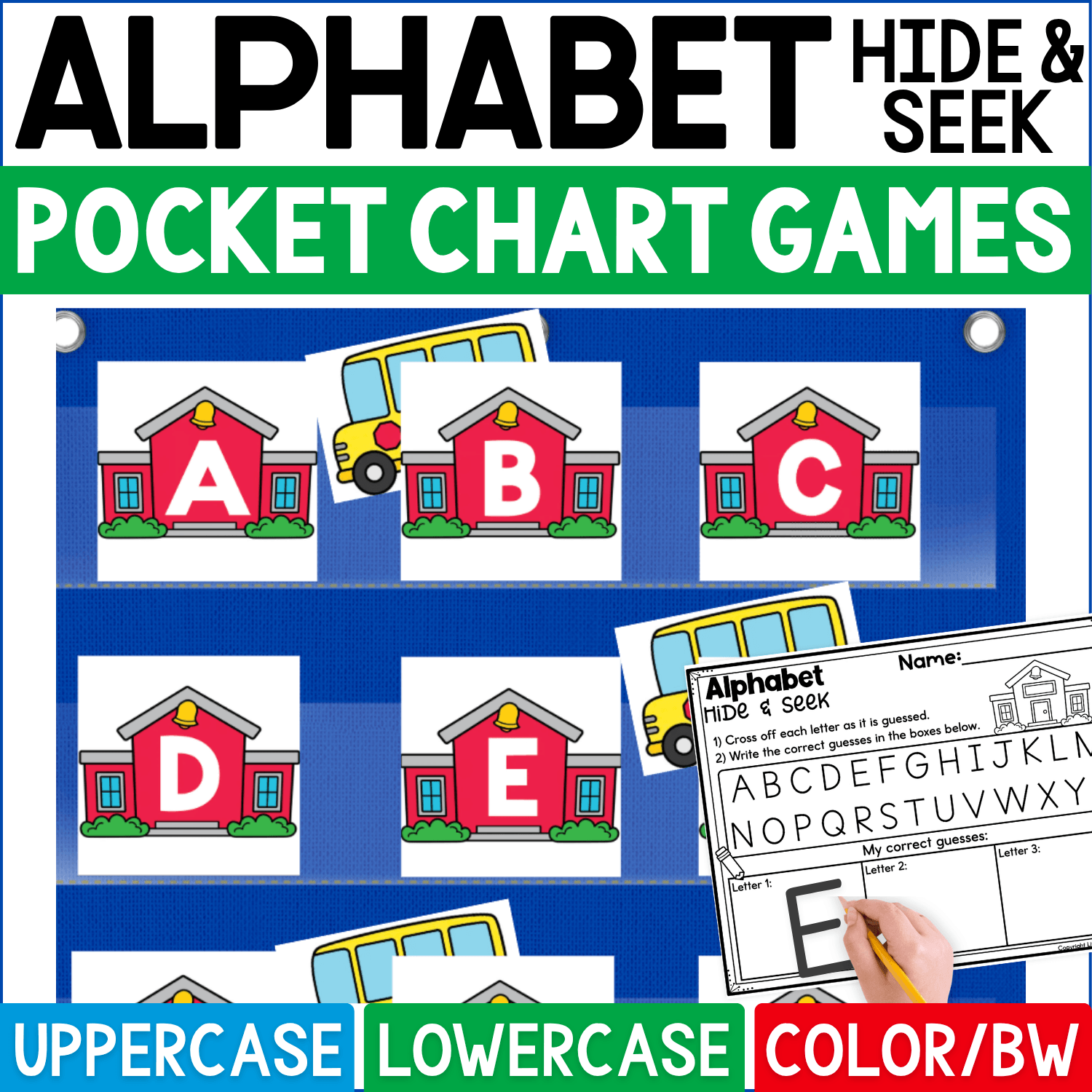 School Alphabet Hide and Seek pocket chart game featuring bright red schoolhouse letter cards with uppercase A, B, C, D, and E displayed in a classroom pocket chart. Yellow school bus hiding cards are tucked behind selected schools for an interactive back-to-school alphabet guessing game, with a coordinating Alphabet Hide & Seek recording page for crossing off letters and writing correct guesses. Product cover highlights uppercase and lowercase alphabet practice, color and black-and-white formats, preschool and kindergarten literacy centers, and school-themed letter recognition.