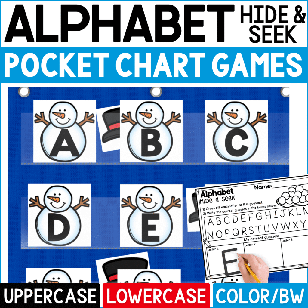 Winter Alphabet Hide and Seek pocket chart game featuring cheerful snowman letter cards with uppercase A, B, C, D, and E. Black top hat hiding cards peek from behind selected snowmen as students guess letters, cross off choices, and record correct answers on the Alphabet Hide & Seek worksheet. Cover highlights uppercase and lowercase alphabet practice in color and black-and-white formats for winter literacy centers, preschool, kindergarten, circle time, and seasonal letter recognition activities.