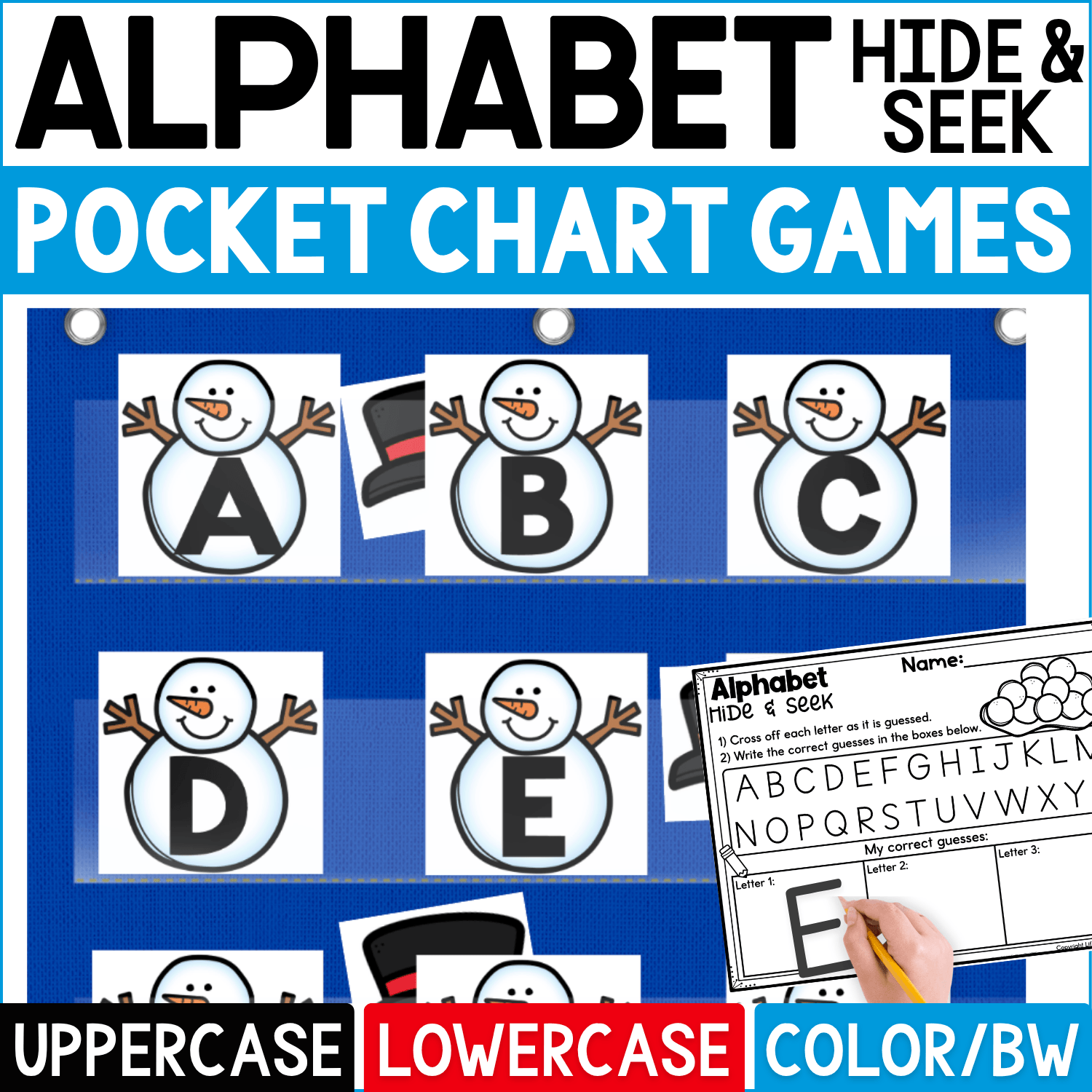 Winter Alphabet Hide and Seek pocket chart game featuring cheerful snowman letter cards with uppercase A, B, C, D, and E. Black top hat hiding cards peek from behind selected snowmen as students guess letters, cross off choices, and record correct answers on the Alphabet Hide & Seek worksheet. Cover highlights uppercase and lowercase alphabet practice in color and black-and-white formats for winter literacy centers, preschool, kindergarten, circle time, and seasonal letter recognition activities.