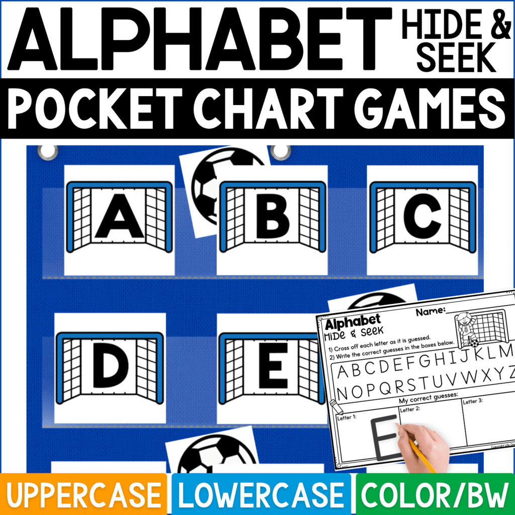 Soccer Alphabet Hide and Seek pocket chart game featuring soccer goal letter cards with uppercase A, B, C, D, and E arranged in a blue pocket chart. Soccer ball hiding cards are placed behind selected goals for a sports-themed alphabet guessing activity, and the matching Alphabet Hide & Seek recording sheet includes the alphabet and spaces for recording correct letters. Product cover highlights uppercase and lowercase letter practice, color and black-and-white formats, preschool literacy centers, kindergarten small groups, and soccer-themed alphabet activities.