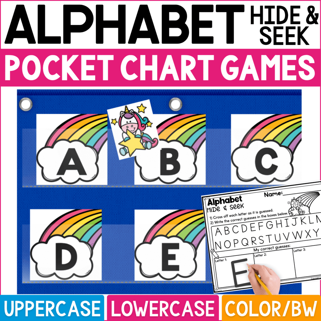 Unicorn Alphabet Hide and Seek pocket chart game featuring colorful rainbow letter cards with uppercase A, B, C, D, and E. Cute unicorn hiding cards peek from behind selected rainbows for an interactive alphabet guessing game, while the Alphabet Hide & Seek recording page gives students space to cross off letters and write correct guesses. Cover highlights uppercase and lowercase alphabet practice in color and black-and-white formats for preschool, kindergarten, unicorn-themed literacy centers, small groups, and letter recognition activities.