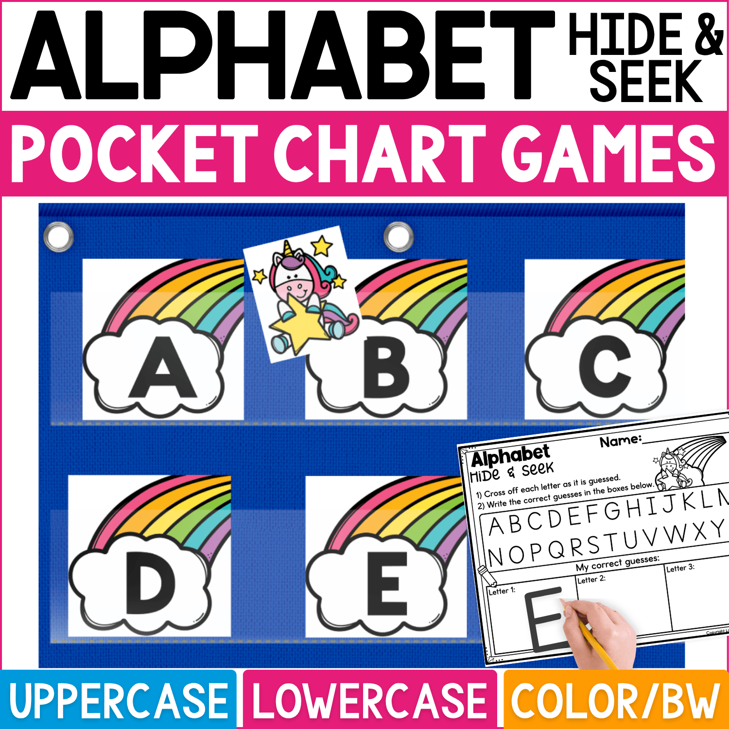 Unicorn Alphabet Hide and Seek pocket chart game featuring colorful rainbow letter cards with uppercase A, B, C, D, and E. Cute unicorn hiding cards peek from behind selected rainbows for an interactive alphabet guessing game, while the Alphabet Hide & Seek recording page gives students space to cross off letters and write correct guesses. Cover highlights uppercase and lowercase alphabet practice in color and black-and-white formats for preschool, kindergarten, unicorn-themed literacy centers, small groups, and letter recognition activities.