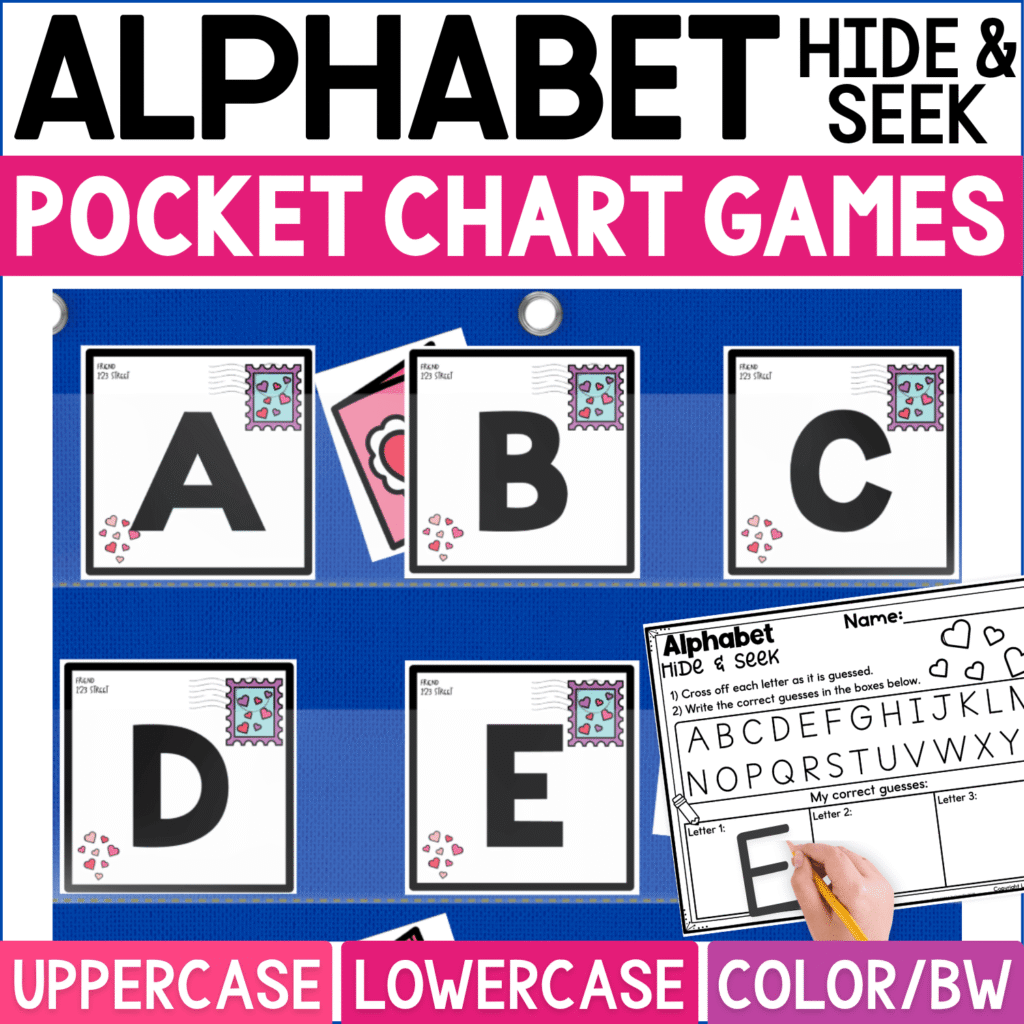 Valentine’s Day Alphabet Hide and Seek pocket chart game featuring envelope-style letter cards with heart stamps and uppercase A, B, C, D, and E displayed in a blue classroom pocket chart. Pink Valentine hiding cards are tucked behind selected letters while students guess, identify, and record letters on the coordinating Alphabet Hide & Seek worksheet. Product cover highlights uppercase and lowercase alphabet practice, color and black-and-white formats, letter recognition, preschool literacy centers, kindergarten circle time, and Valentine’s Day classroom activities.