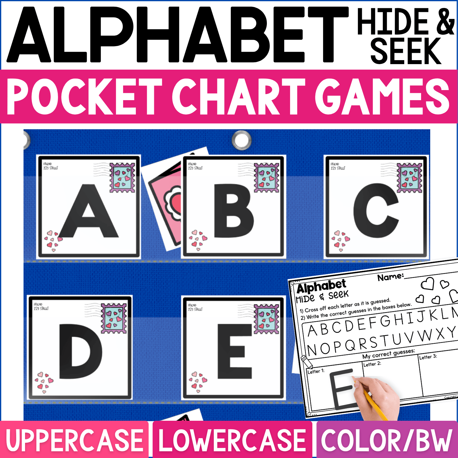 Valentine’s Day Alphabet Hide and Seek pocket chart game featuring envelope-style letter cards with heart stamps and uppercase A, B, C, D, and E displayed in a blue classroom pocket chart. Pink Valentine hiding cards are tucked behind selected letters while students guess, identify, and record letters on the coordinating Alphabet Hide & Seek worksheet. Product cover highlights uppercase and lowercase alphabet practice, color and black-and-white formats, letter recognition, preschool literacy centers, kindergarten circle time, and Valentine’s Day classroom activities.