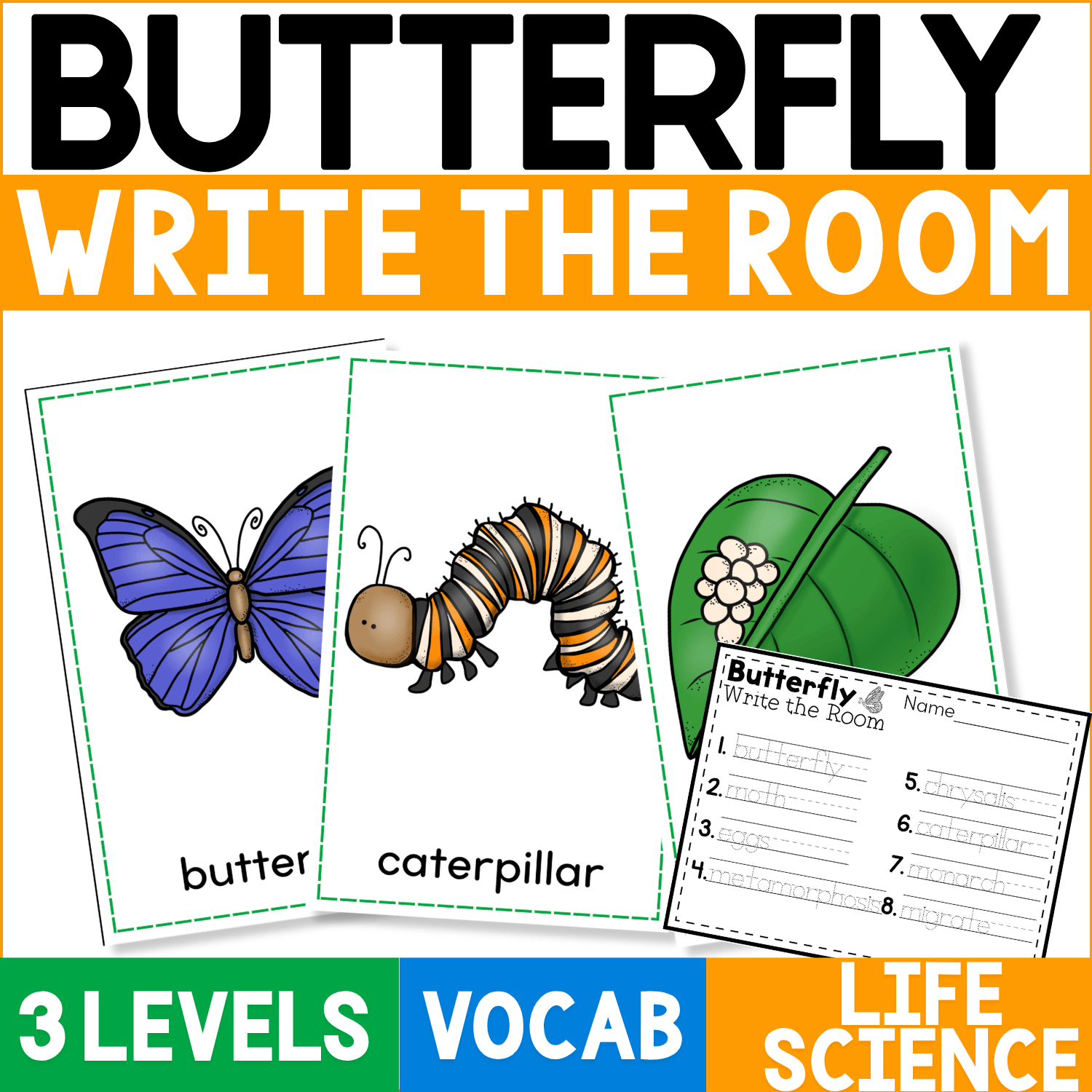Butterfly Write the Room Vocabulary Center featuring illustrated butterfly life cycle vocabulary cards and differentiated recording worksheets for an active preschool and kindergarten science and literacy center.