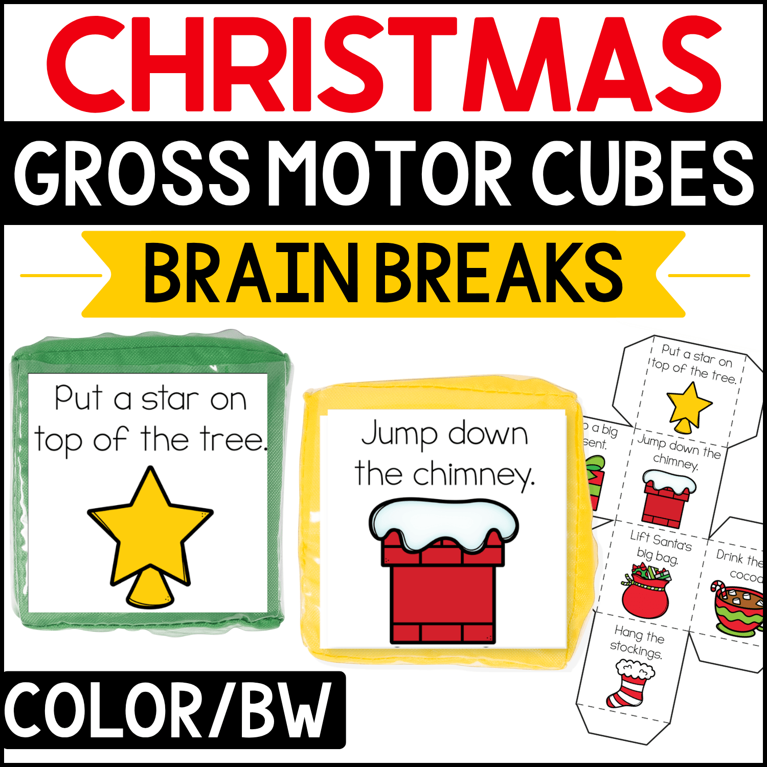 Christmas gross motor brain break cubes featuring holiday movement prompts such as “Put a star on top of the tree” and “Jump down the chimney.” Festive star, snowy chimney, stocking, Santa bag, and Christmas cake illustrations make this printable Christmas movement activity engaging for preschool and kindergarten brain breaks and gross motor play.
