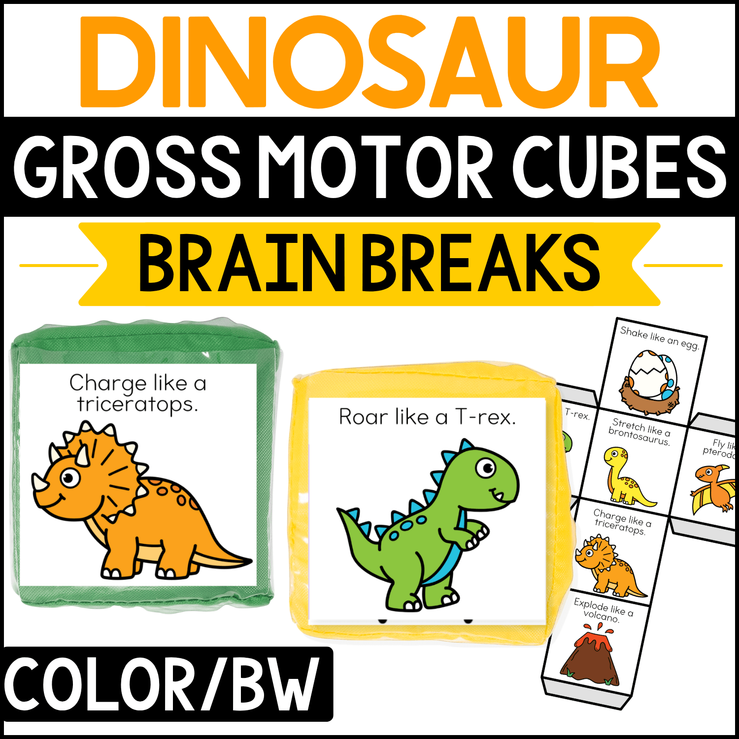 Dinosaur gross motor brain break cubes featuring prehistoric movement prompts such as “Charge like a triceratops” and “Roar like a T-rex.” Colorful dinosaur and volcano illustrations invite preschool and kindergarten children to stomp, roar, stretch, and move during dinosaur-themed brain breaks and gross motor activities.