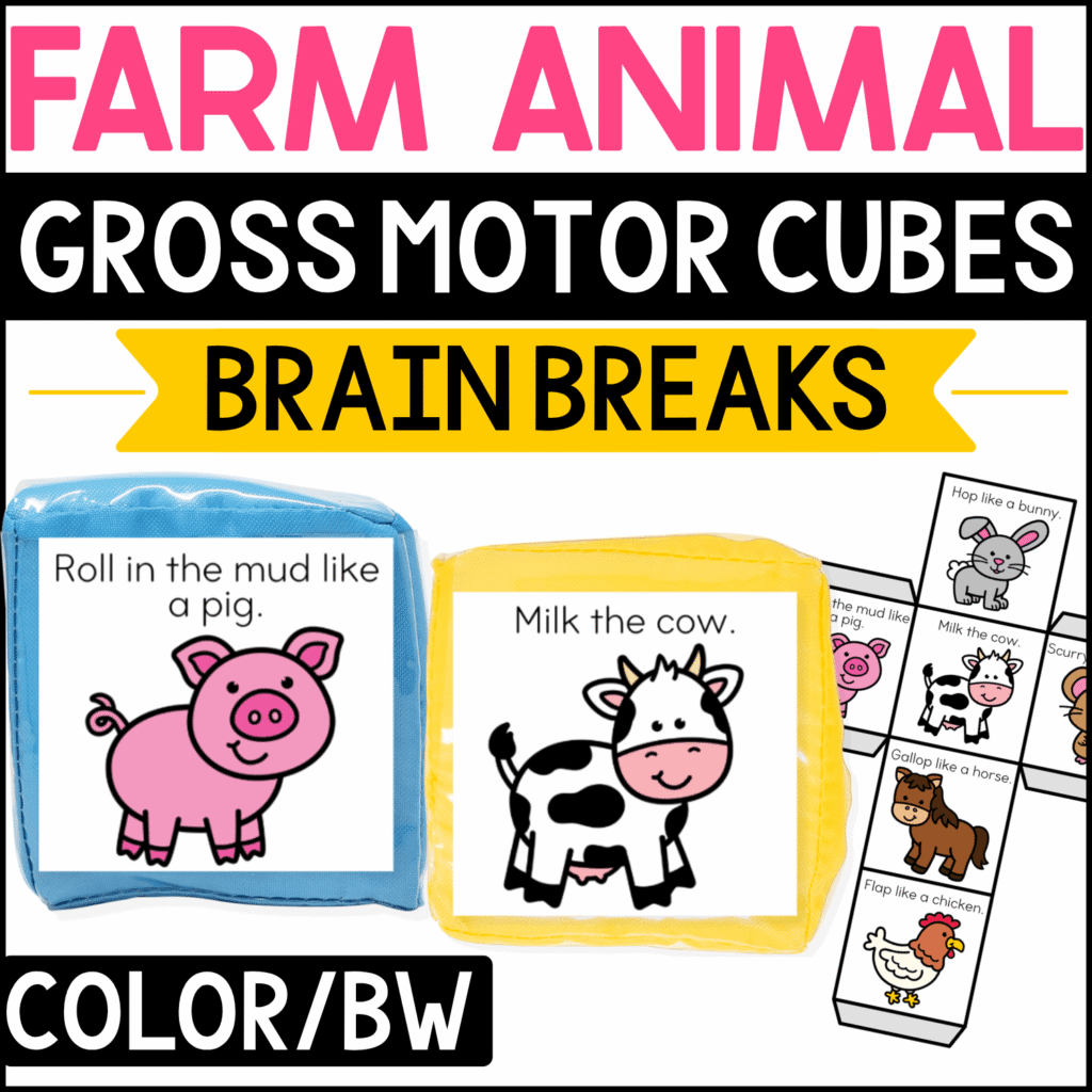 Farm animal gross motor brain break cubes featuring playful movement prompts such as “Roll in the mud like a pig” and “Milk the cow.” Pig, cow, bunny, horse, chicken, and other farm animal illustrations create an engaging preschool and kindergarten farm theme activity for brain breaks, animal movement, and gross motor play.