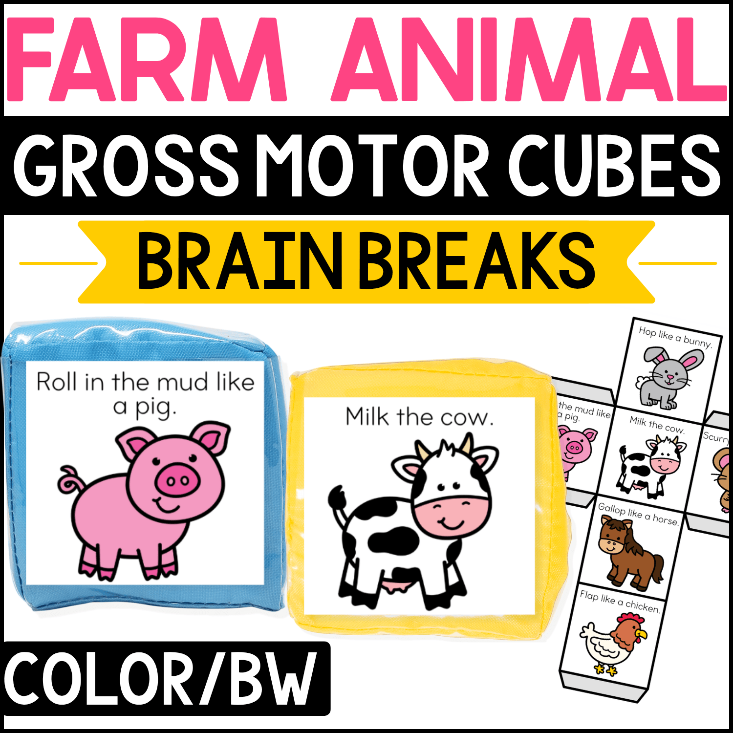 Farm animal gross motor brain break cubes featuring playful movement prompts such as “Roll in the mud like a pig” and “Milk the cow.” Pig, cow, bunny, horse, chicken, and other farm animal illustrations create an engaging preschool and kindergarten farm theme activity for brain breaks, animal movement, and gross motor play.