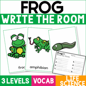 Frog Write the Room Vocabulary Center featuring illustrated frog, amphibian, and tadpole vocabulary cards with differentiated recording worksheets for preschool and kindergarten science and literacy practice.