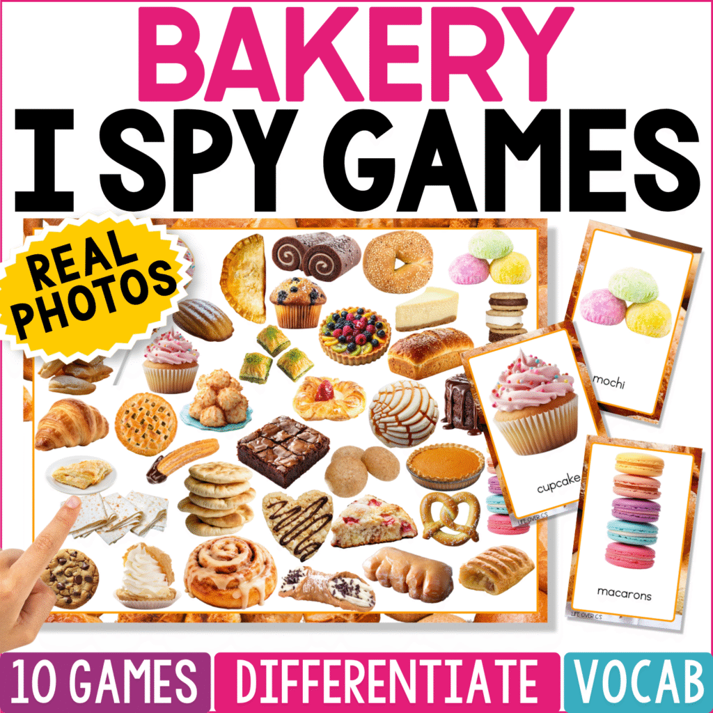 Bakery I Spy Games printable featuring a colorful game board filled with real photos of cookies, cupcakes, pastries, bread, donuts, macarons, and other bakery foods, plus matching picture cards for preschool and kindergarten vocabulary and visual discrimination.