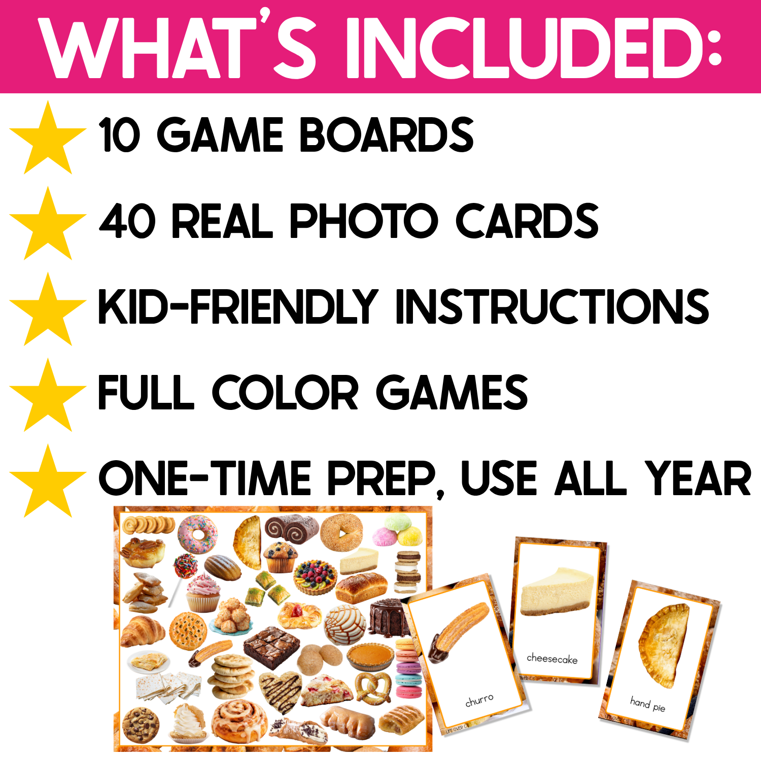 Bakery I Spy board game resource includes 10 game boards, 40 real photo bakery cards, kid-friendly instructions, full-color games, and one-time prep for year-round use. Sample cards show bread, cheesecake, and hand pie beside a bakery picture search board.