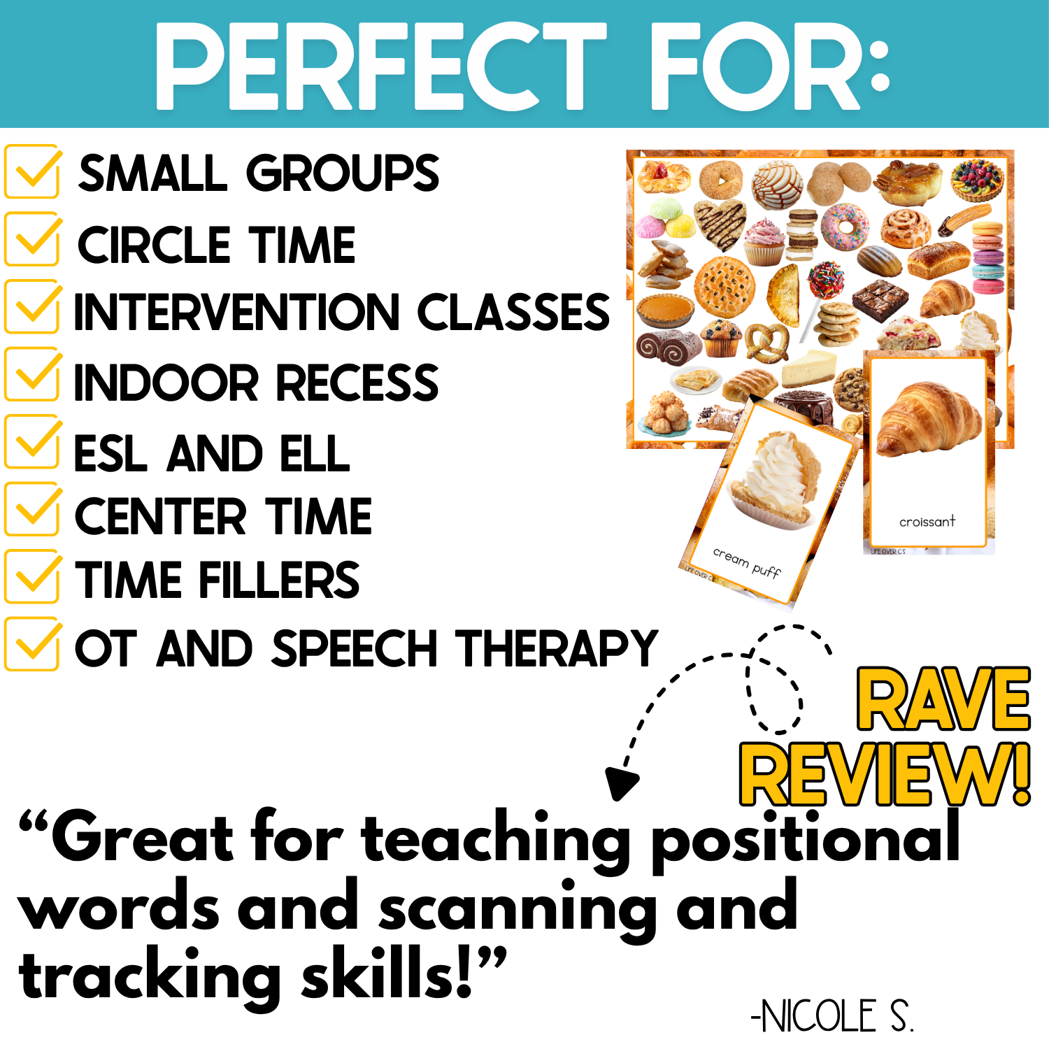 Bakery I Spy game shown as a versatile preschool and kindergarten activity for small groups, circle time, intervention, indoor recess, ESL and ELL, centers, time fillers, OT, and speech therapy. Real food photos support positional words, visual scanning, and tracking skills.