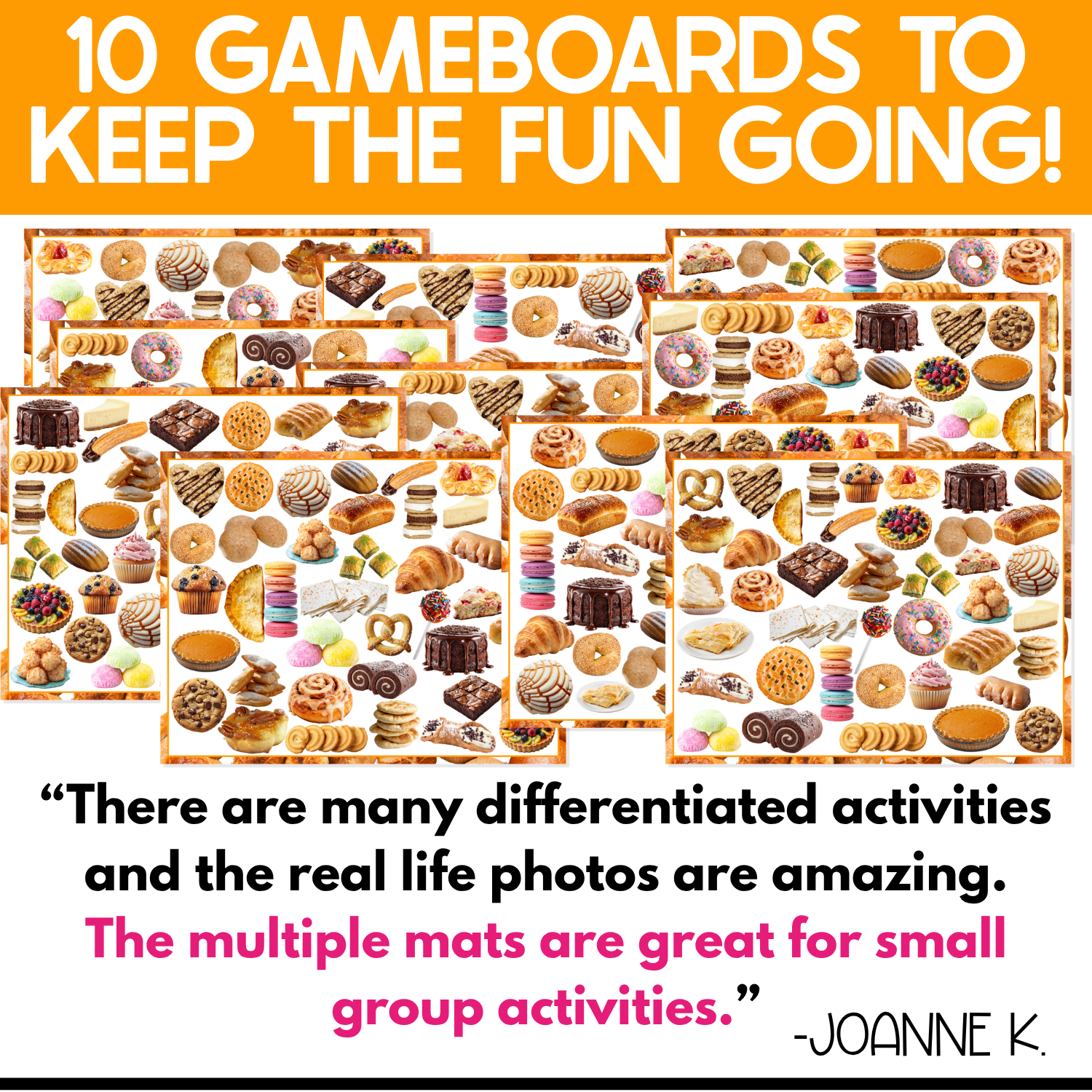 Ten Bakery I Spy game boards packed with different arrangements of real photos of cookies, breads, pastries, cupcakes, donuts, and desserts. Multiple boards provide differentiated visual discrimination, vocabulary, matching, and small group activities.