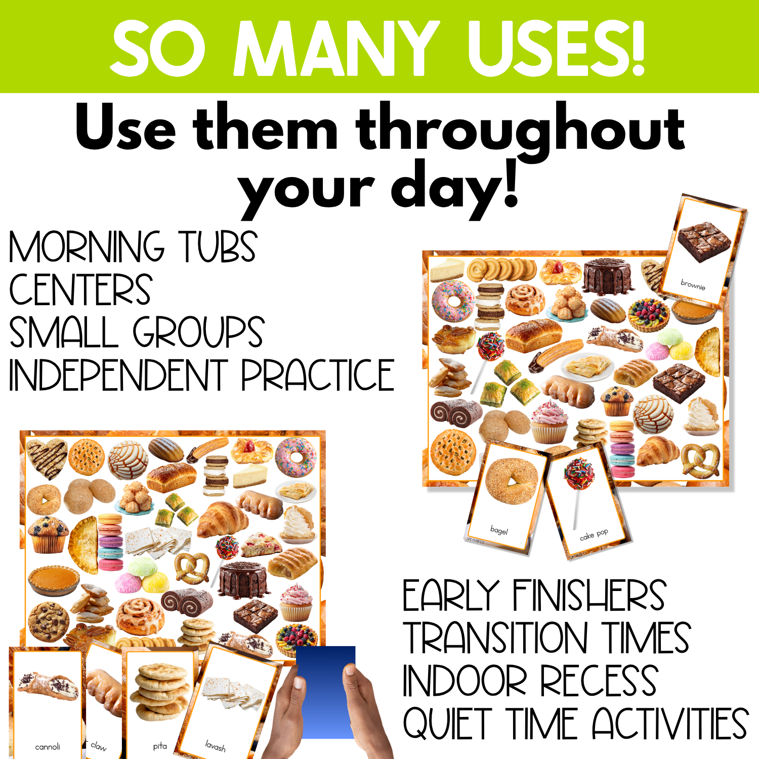 Bakery I Spy printable game used throughout the school day for morning tubs, centers, small groups, independent practice, early finishers, transition times, indoor recess, and quiet time. Real bakery food photos create engaging vocabulary and visual scanning practice.