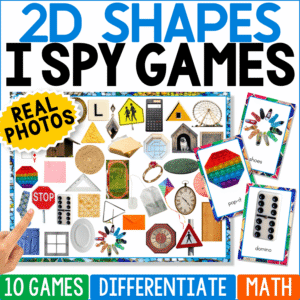 2D Shapes I Spy Games cover featuring a real-photo search board with a stop sign, triangle chip, Ferris wheel, clock, cracker, ring, window, domino, shoes, and colorful pop-it cards for 2D shape recognition, matching, and visual discrimination.