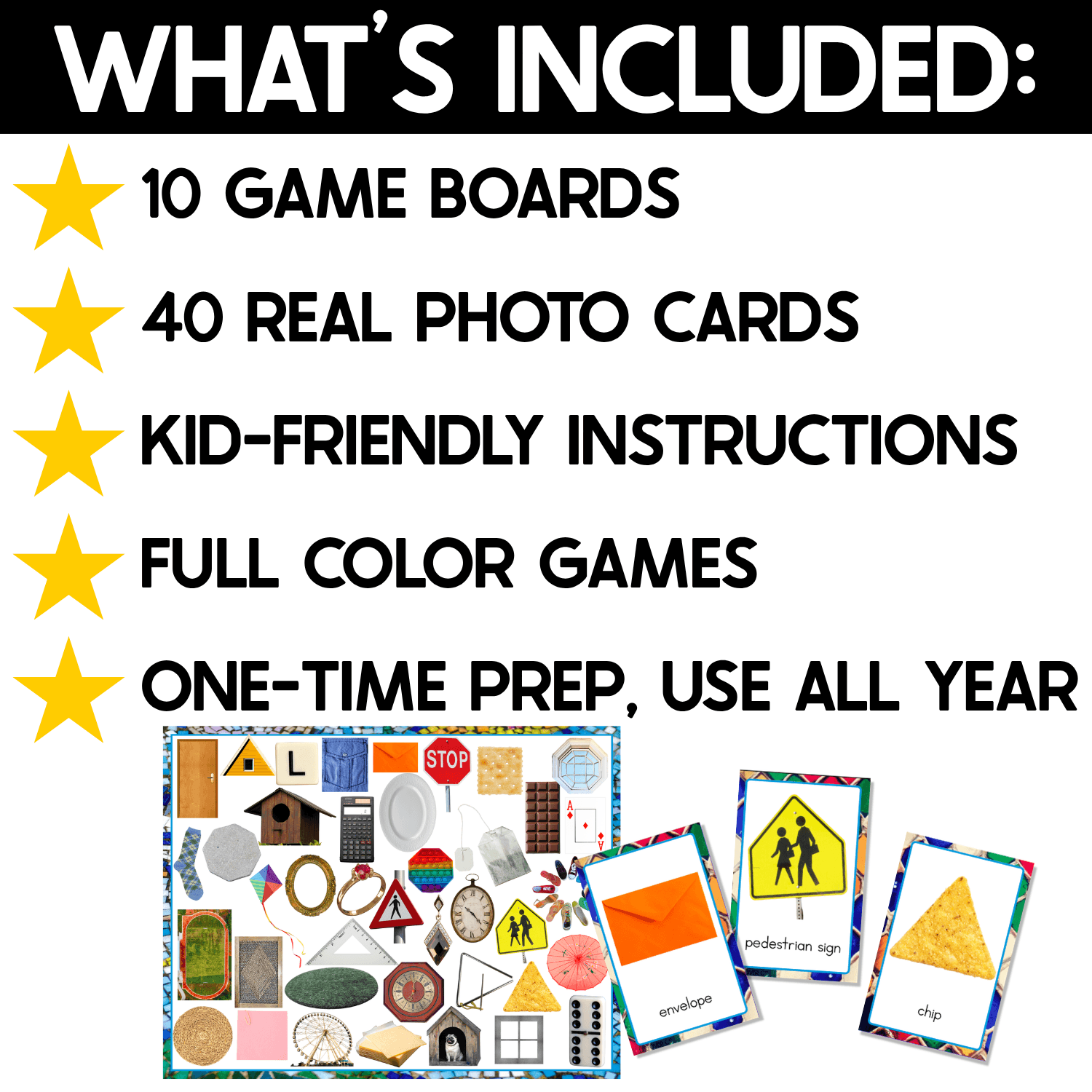 What’s included in the 2D Shapes I Spy game: 10 full-color game boards, 40 real photo cards, and kid-friendly instructions for year-round shape recognition. Preview shows an envelope, pedestrian sign, triangle chip, and real-life shapes search board.