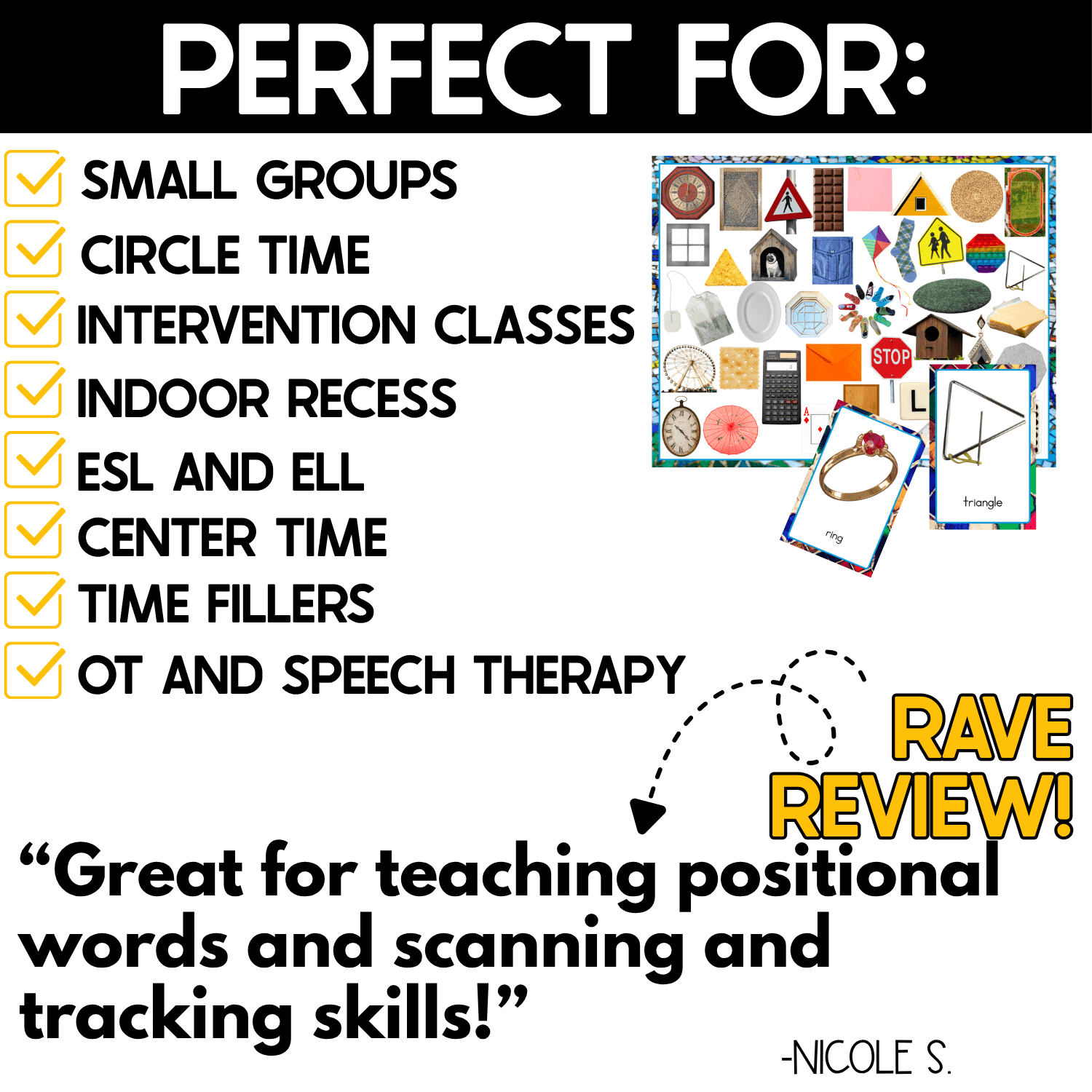 2D Shapes I Spy board game for small groups, circle time, intervention, indoor recess, ESL and ELL, centers, OT, and speech therapy. Real-photo shape board with ring and triangle cards supports visual scanning, tracking, positional words, and vocabulary.