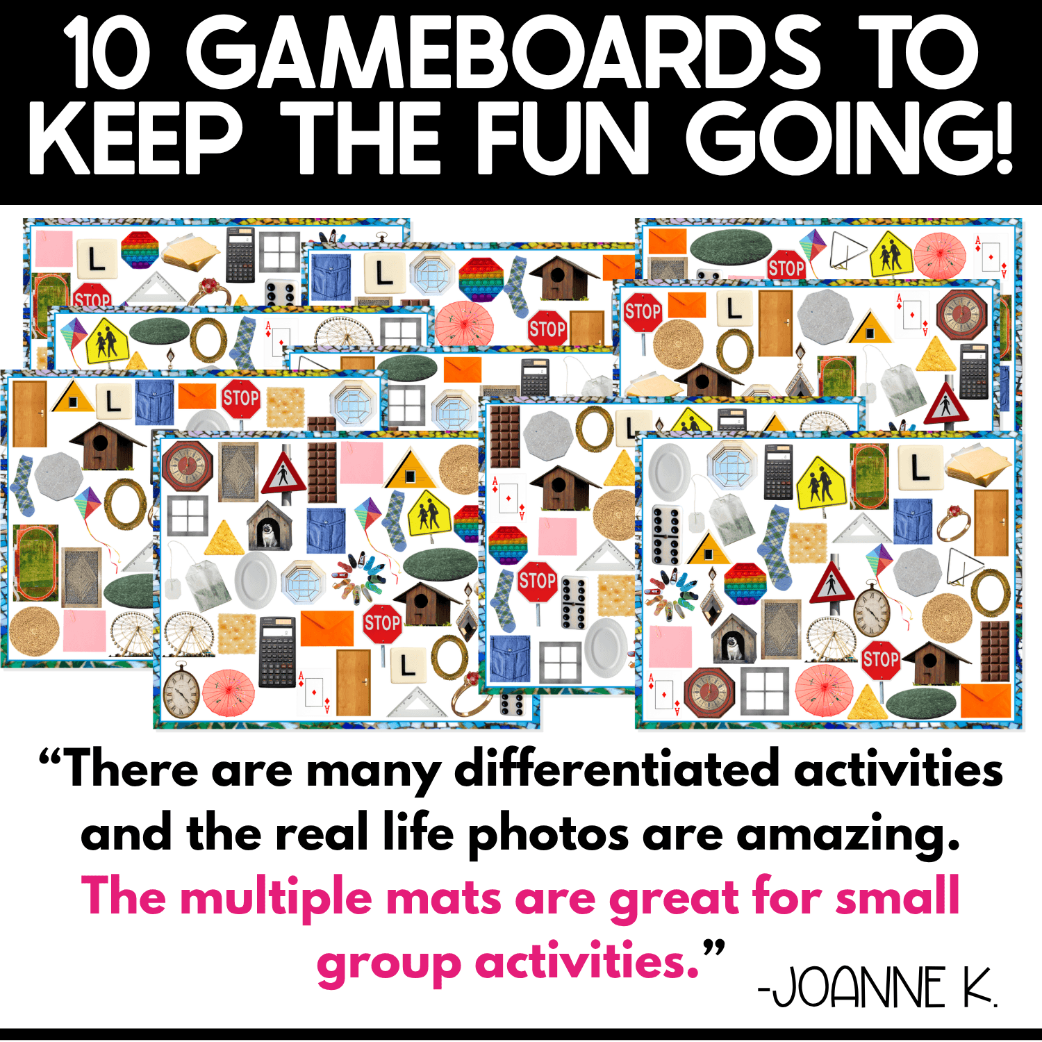 en differentiated 2D Shapes I Spy game boards filled with real-life photos including stop signs, birdhouses, windows, rings, crackers, calculators, clocks, socks, and other familiar objects. Teacher review highlights the real photos and multiple mats for small group activities.