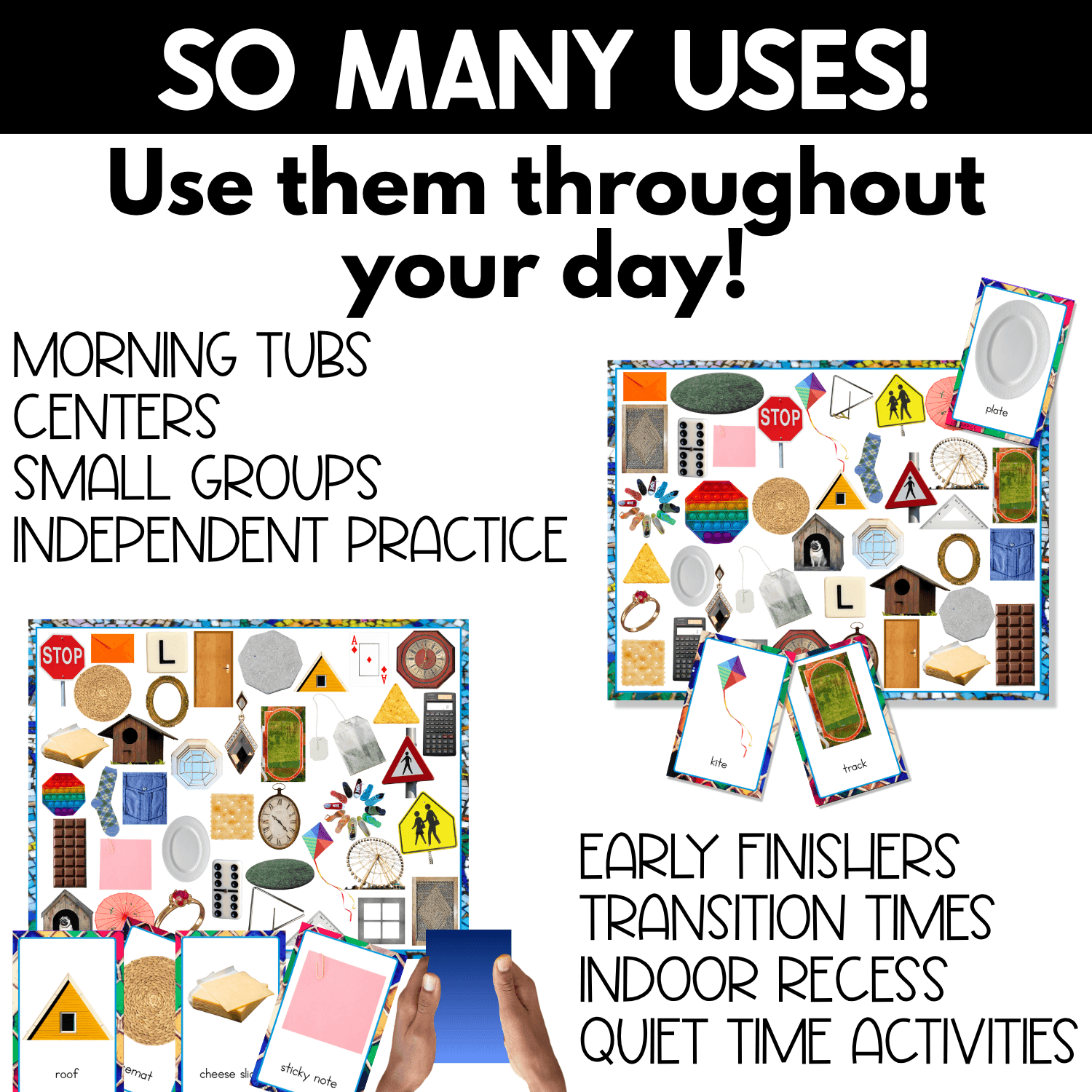2D Shapes I Spy game ideas for morning tubs, centers, small groups, independent practice, early finishers, transitions, indoor recess, and quiet time. Real-photo boards and cards feature a triangle roof, round placemat, cheese slice, square sticky note, plate, kite, and track.