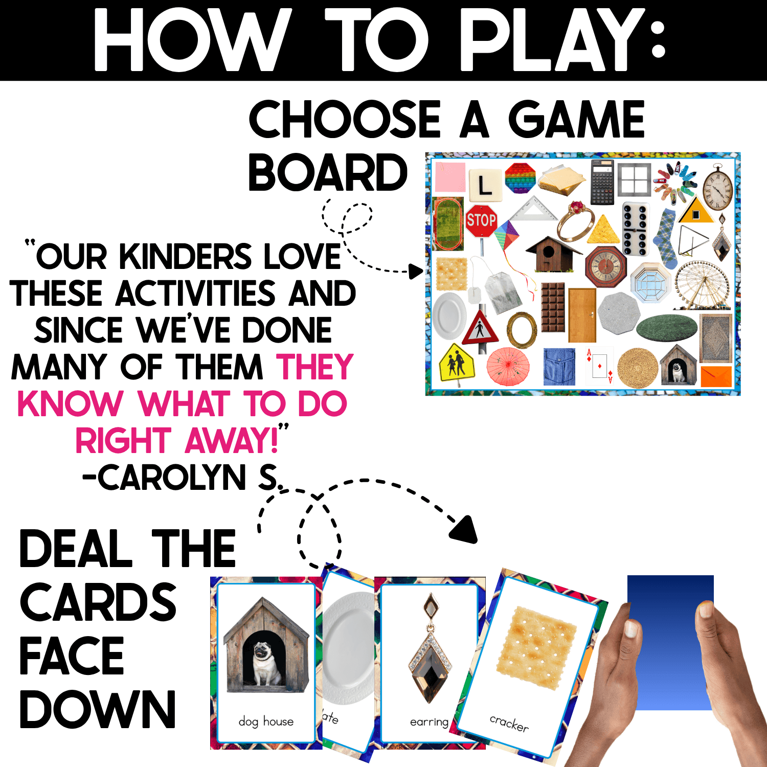 How to play the 2D Shapes I Spy game: children choose a real-photo game board and deal the picture cards face down. Example cards show a dog house, round plate, diamond-shaped earring, and square cracker beside a board packed with familiar real-life shapes.