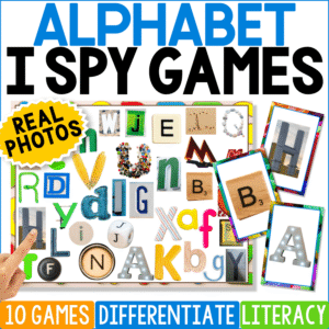 Alphabet I Spy Games cover featuring a colorful real photo letter search board and matching alphabet cards for preschool and kindergarten letter recognition, visual discrimination, and literacy practice.