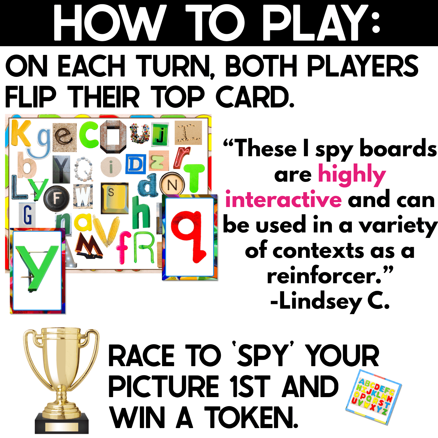 Alphabet I Spy game directions showing two players flipping their top letter cards, searching the real photo alphabet board, and racing to find the matching letter first to win a token.