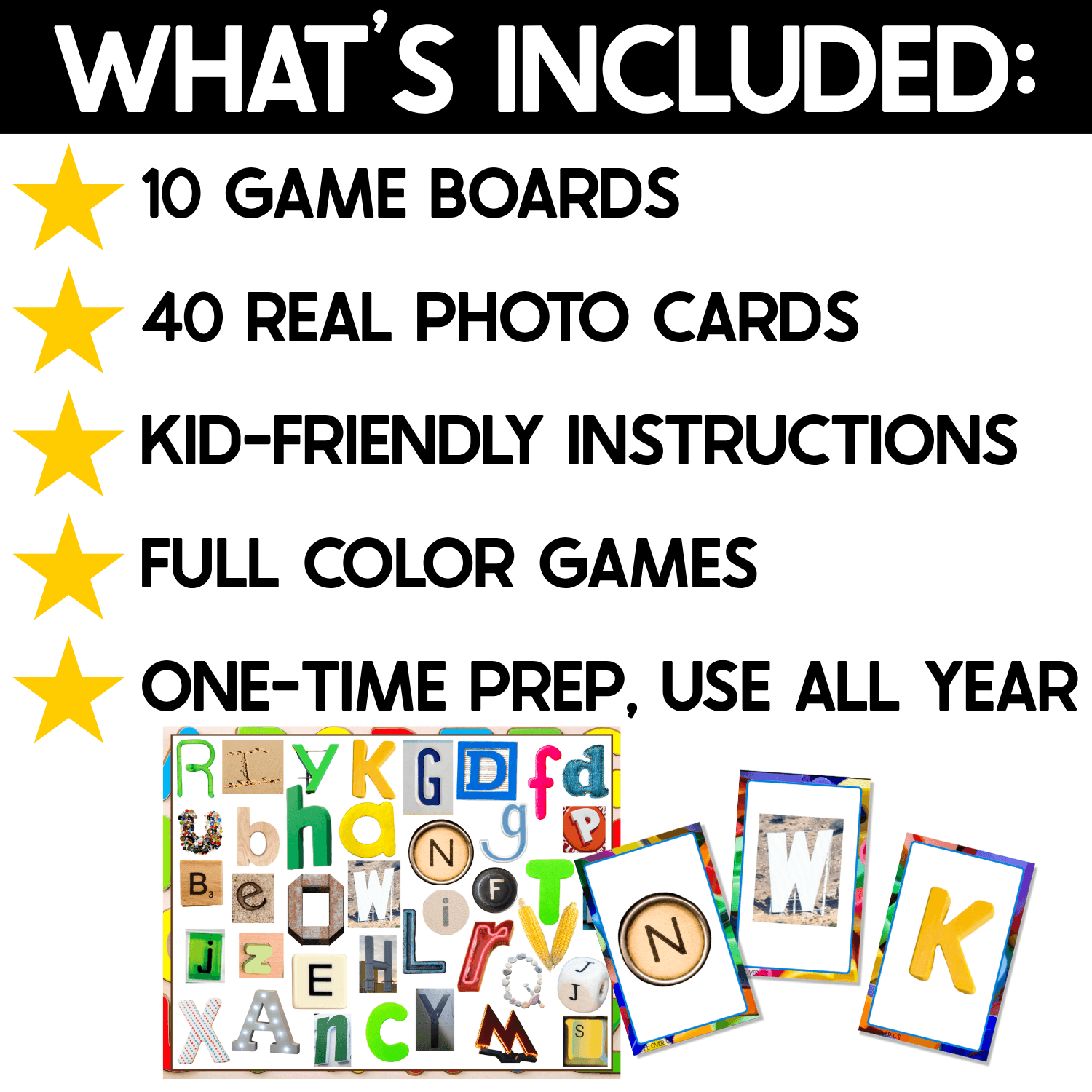 What’s Included graphic for Alphabet I Spy Games showing 10 game boards, 40 real photo letter cards, kid-friendly instructions, full-color games, and reusable literacy activities.