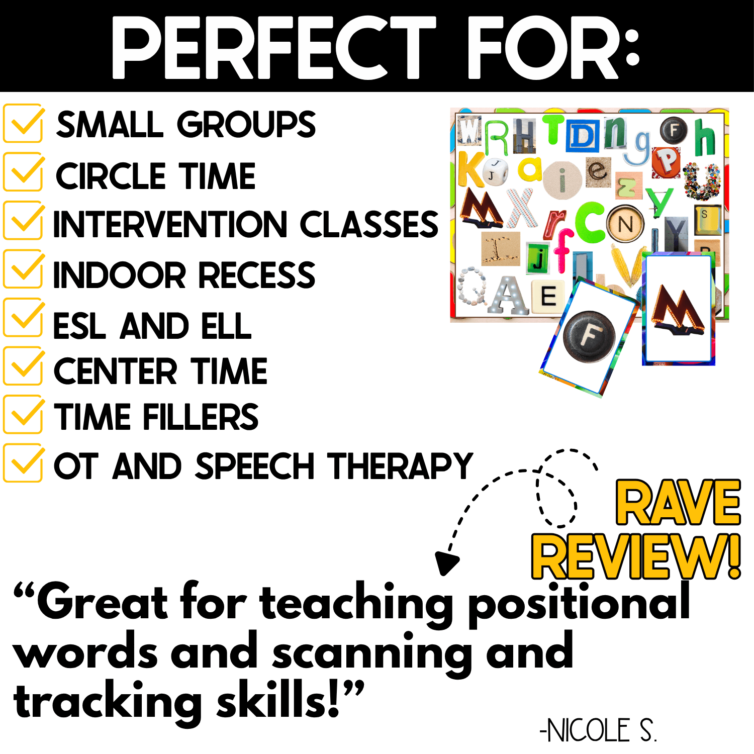 Perfect For graphic for Alphabet I Spy Games listing small groups, circle time, intervention, indoor recess, ESL and ELL, centers, time fillers, OT, and speech therapy with real photo letter cards.