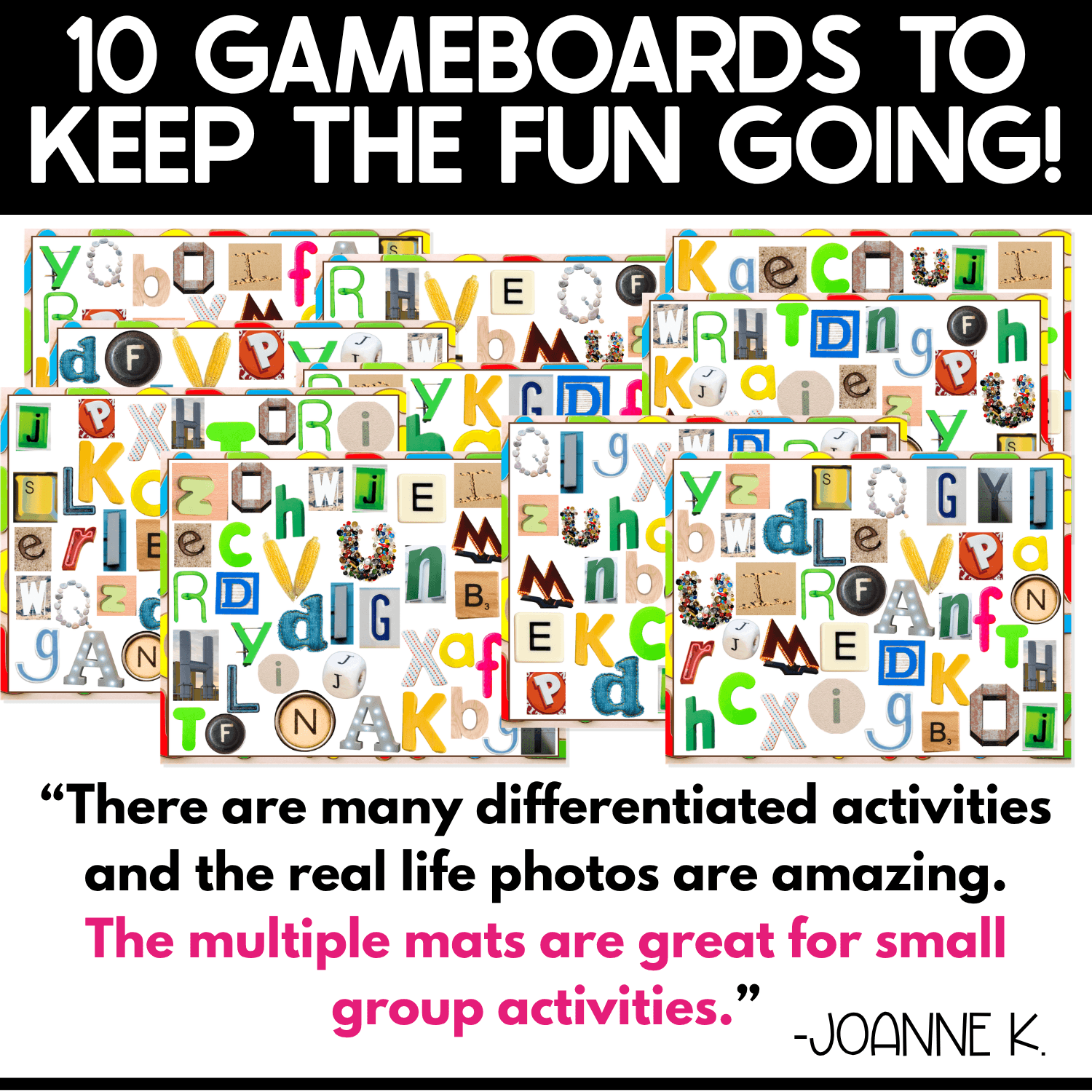 Alphabet I Spy activity graphic displaying 10 colorful real photo alphabet game boards for differentiated preschool and kindergarten letter recognition, matching, and small group literacy activities.