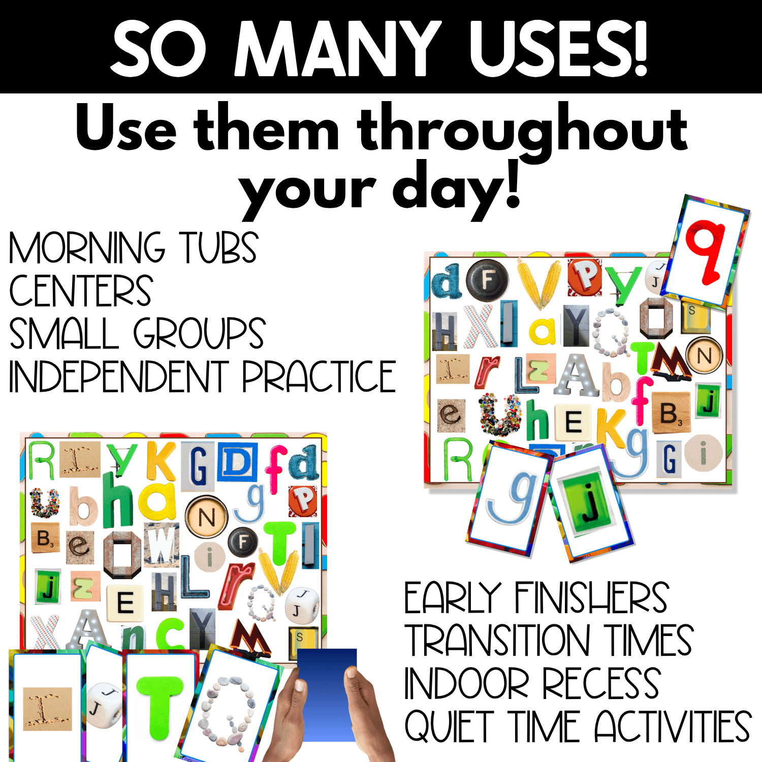 So Many Uses graphic for Alphabet I Spy Games showing real photo letter boards and cards for morning tubs, centers, small groups, independent practice, early finishers, transitions, indoor recess, and quiet time.