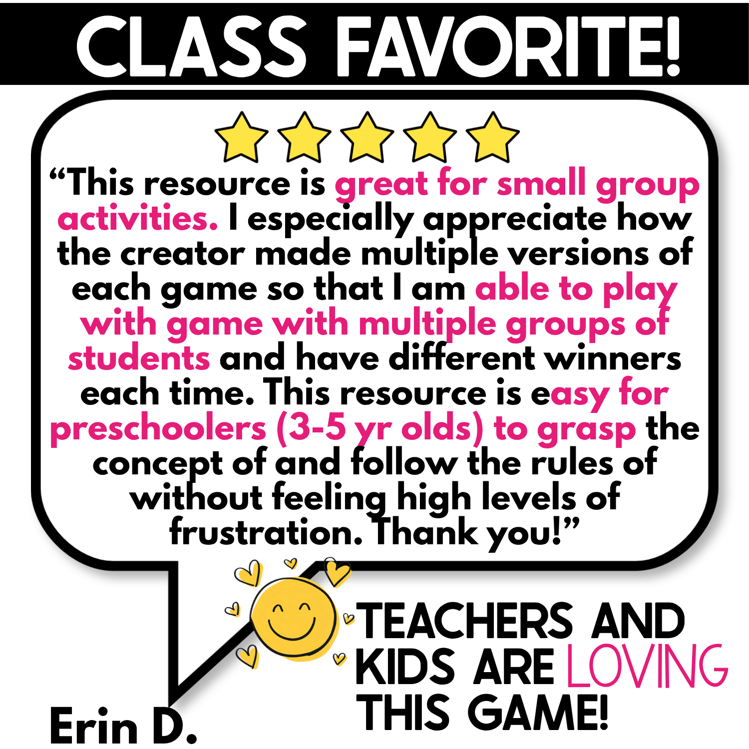 Class Favorite review graphic for Alphabet I Spy Games with five-star teacher feedback describing differentiated small group play, multiple winners, and easy rules for preschool children.