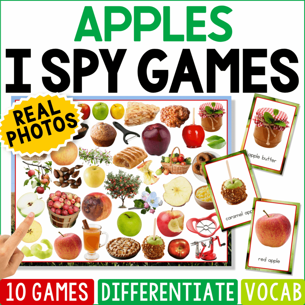 Apples I Spy Games cover featuring real photos of red and green apples, apple foods, apple trees, and matching picture cards for fall vocabulary, visual discrimination, and preschool learning.