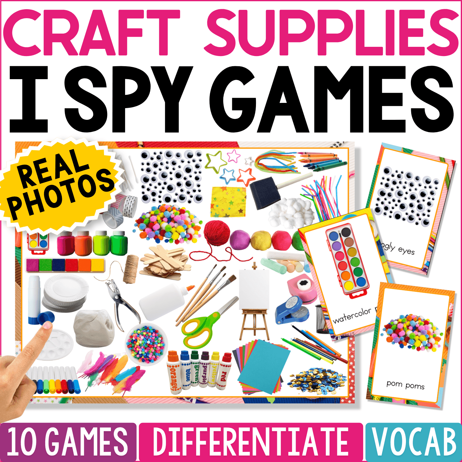 Craft Supplies I Spy Games for preschool and kindergarten featuring a colorful real photo game board packed with markers, pom poms, yarn, scissors, paint, beads, craft sticks, paper, googly eyes, and other art supplies, plus matching picture cards for visual discrimination and vocabulary play.