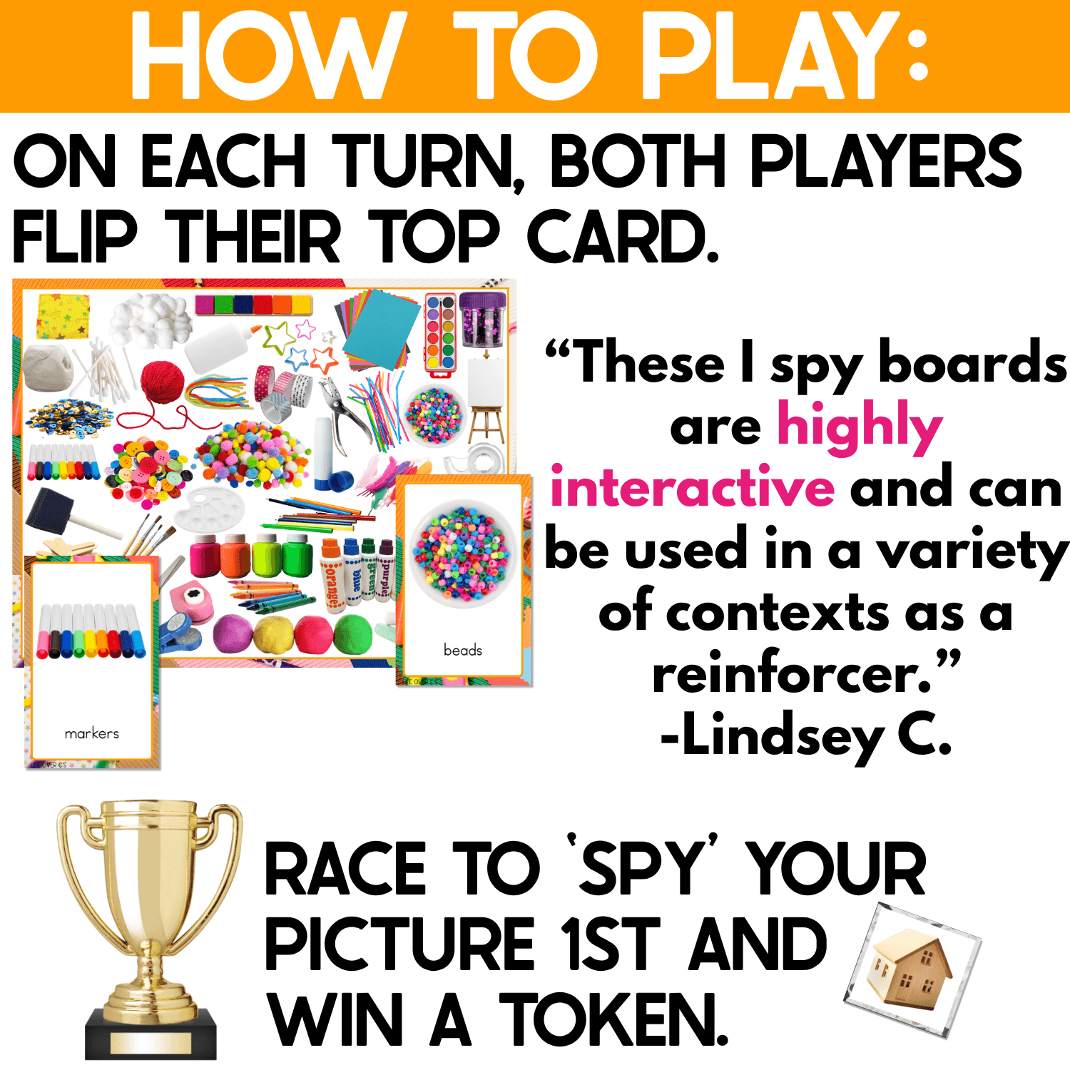 Craft Supplies I Spy Game directions showing both players flipping their top cards, then racing to find the matching real photo on a busy art supplies game board. Marker and bead cards demonstrate the search-and-find gameplay, with a trophy and token representing the winning turn.