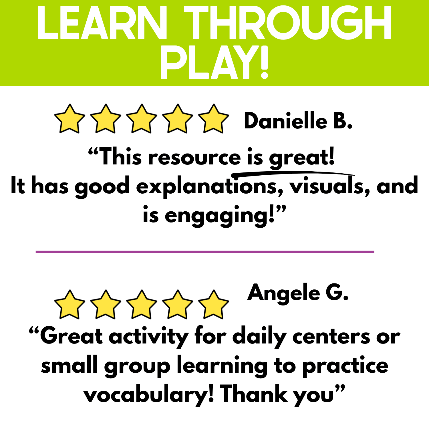 Learn Through Play review graphic for the Craft Supplies I Spy Board Game featuring two five-star teacher testimonials praising the clear visuals, engaging gameplay, vocabulary practice, daily centers, and small group learning.