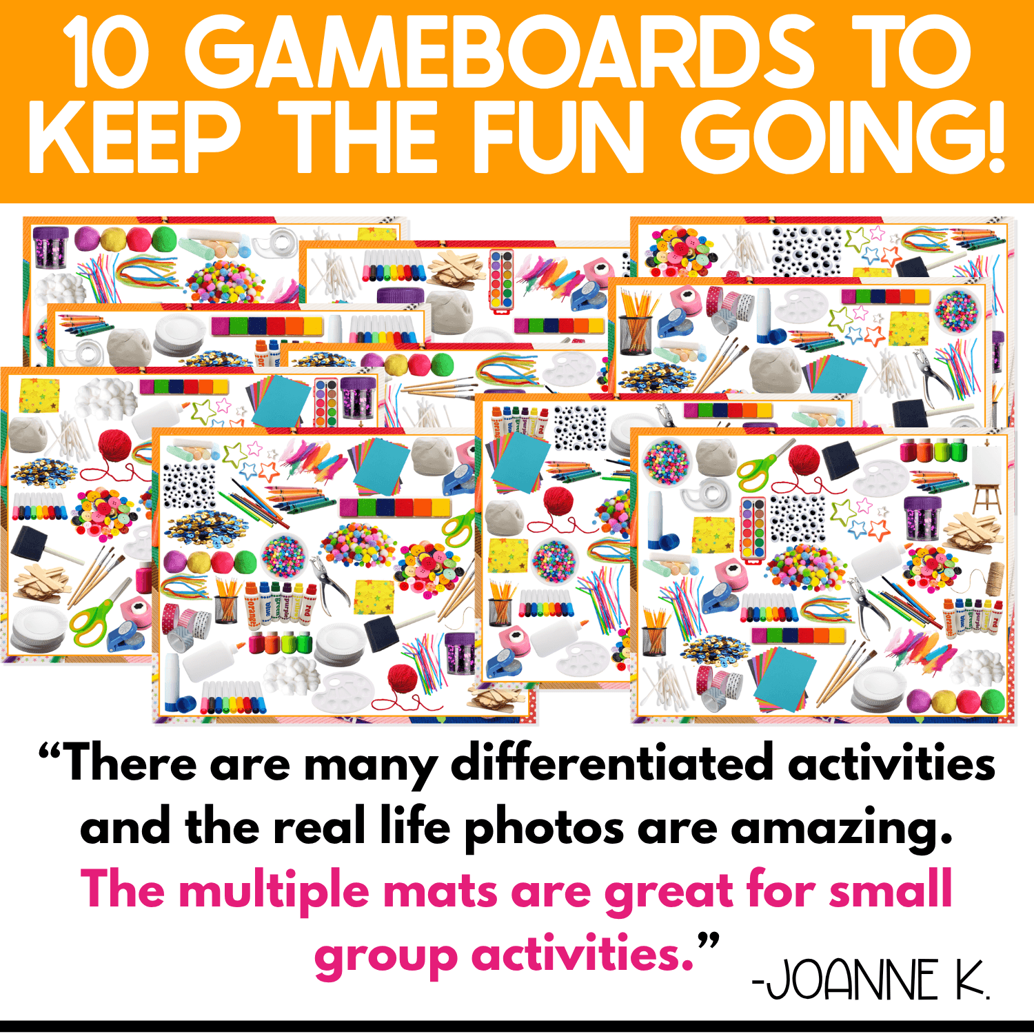 Ten different Craft Supplies I Spy game boards displayed together, each filled with colorful real photos of art materials such as yarn, paint, markers, scissors, pom poms, beads, feathers, paper, and craft sticks for differentiated visual discrimination and small group activities.