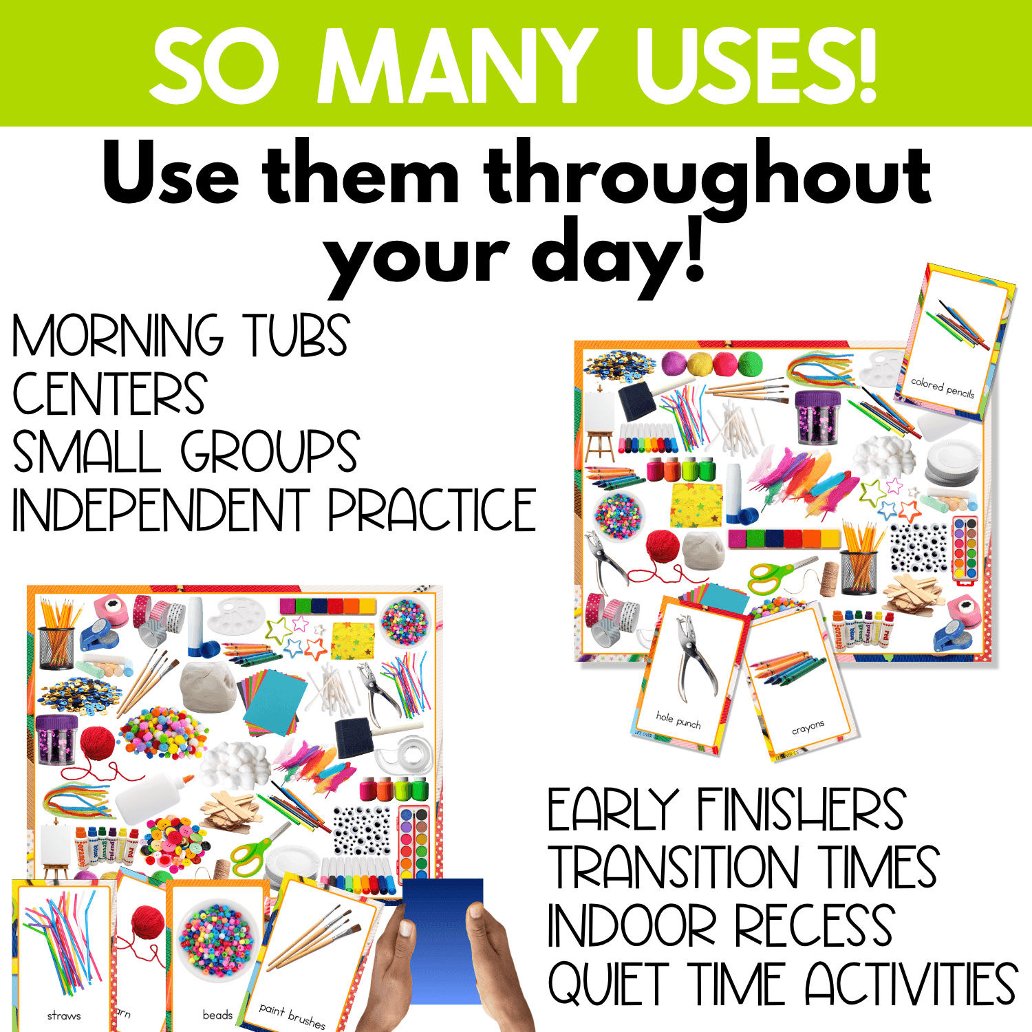 Real photo Craft Supplies I Spy Board Game shown for morning tubs, centers, small groups, independent practice, early finishers, transition times, indoor recess, and quiet time. Sample picture cards for colored pencils, craft sticks, and crayons surround the colorful search-and-find game boards.
