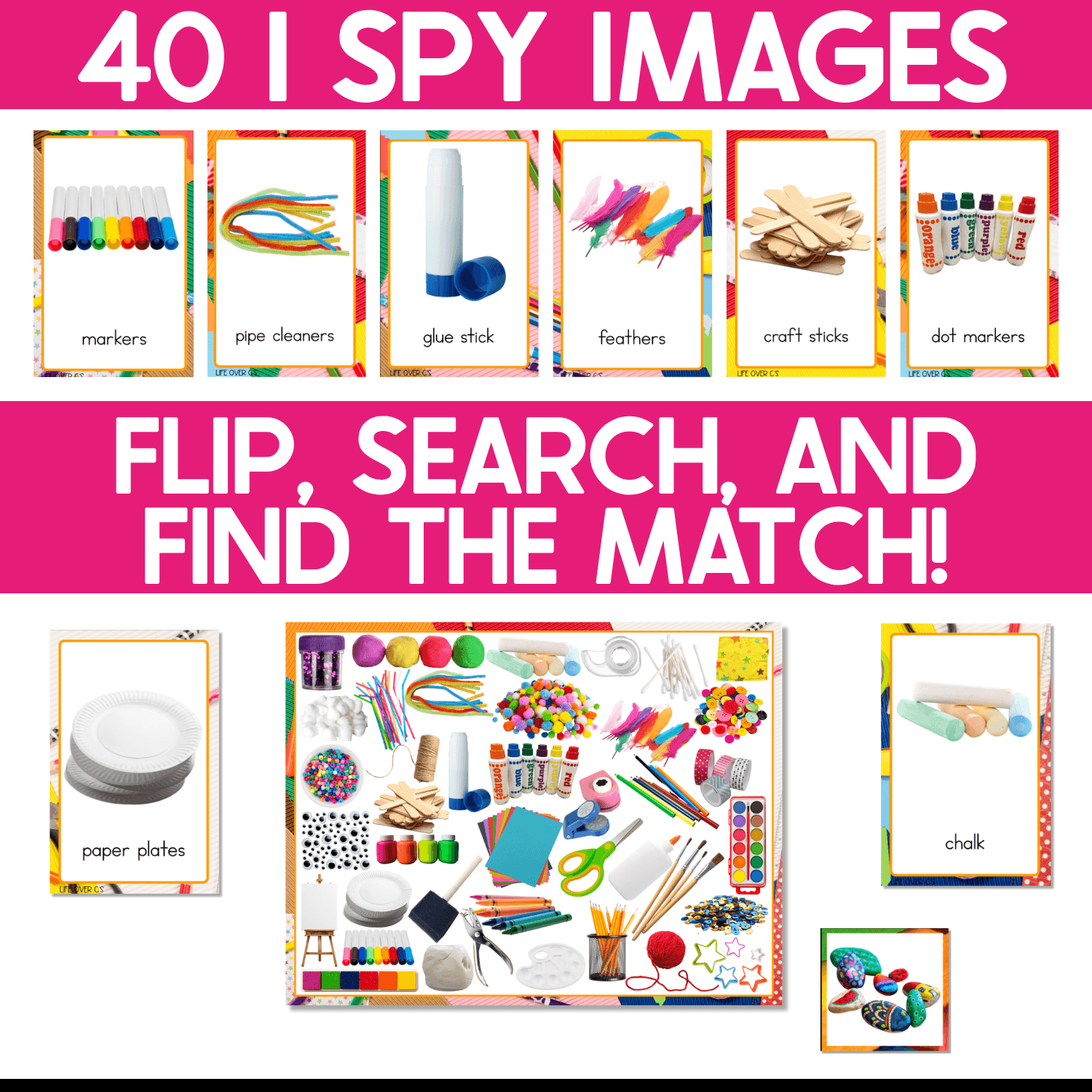 Craft Supplies I Spy Game featuring 40 real photo image cards, including markers, pipe cleaners, glue sticks, feathers, craft sticks, dot markers, paper plates, and chalk. Children flip a card, search the busy art supplies game board, and find the matching picture.