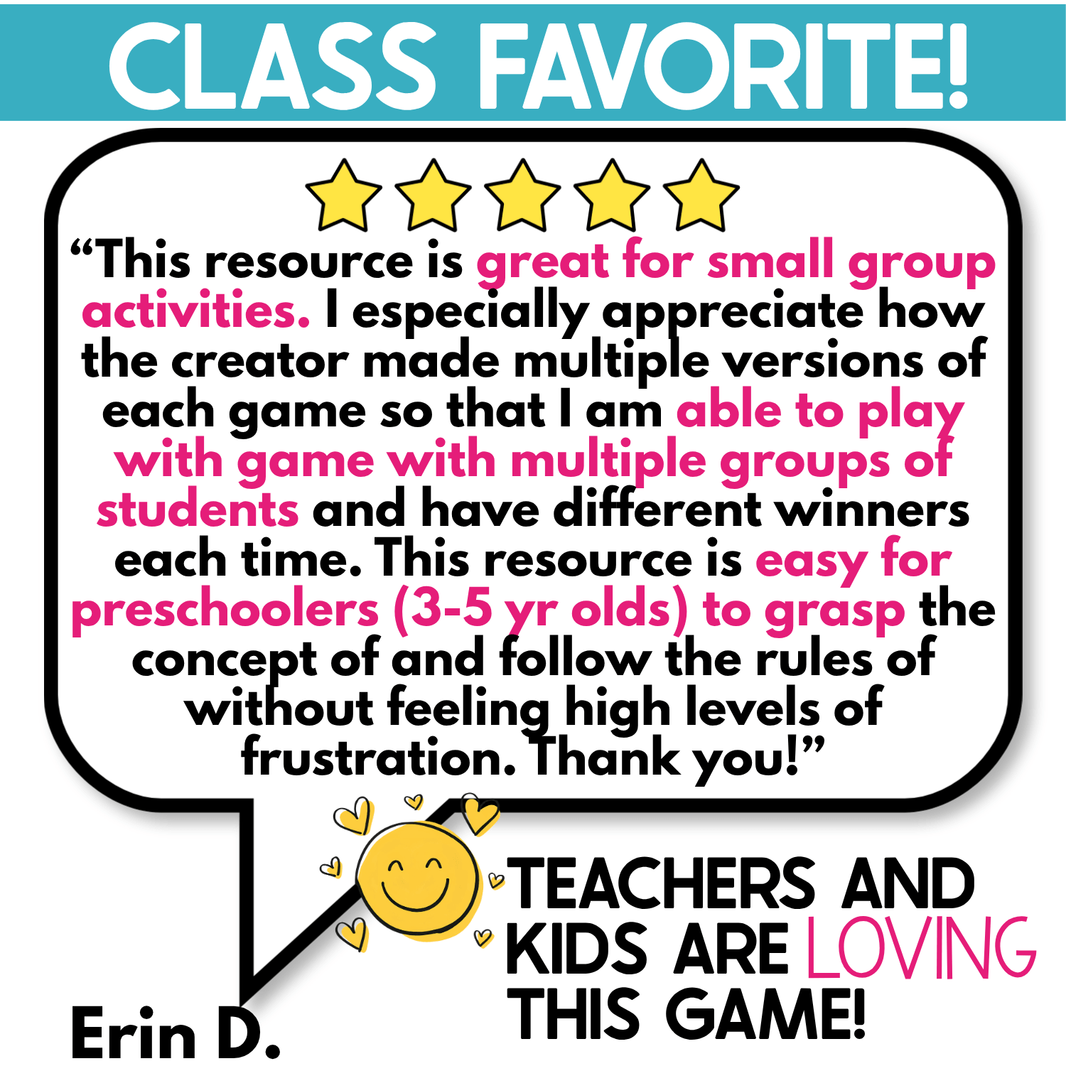 Five-star classroom review for the Craft Supplies I Spy Board Game highlighting small group play, multiple game versions, preschool-friendly rules, and different winners each round. A bright speech-bubble design emphasizes that teachers and kids enjoy this interactive real photo I Spy game.