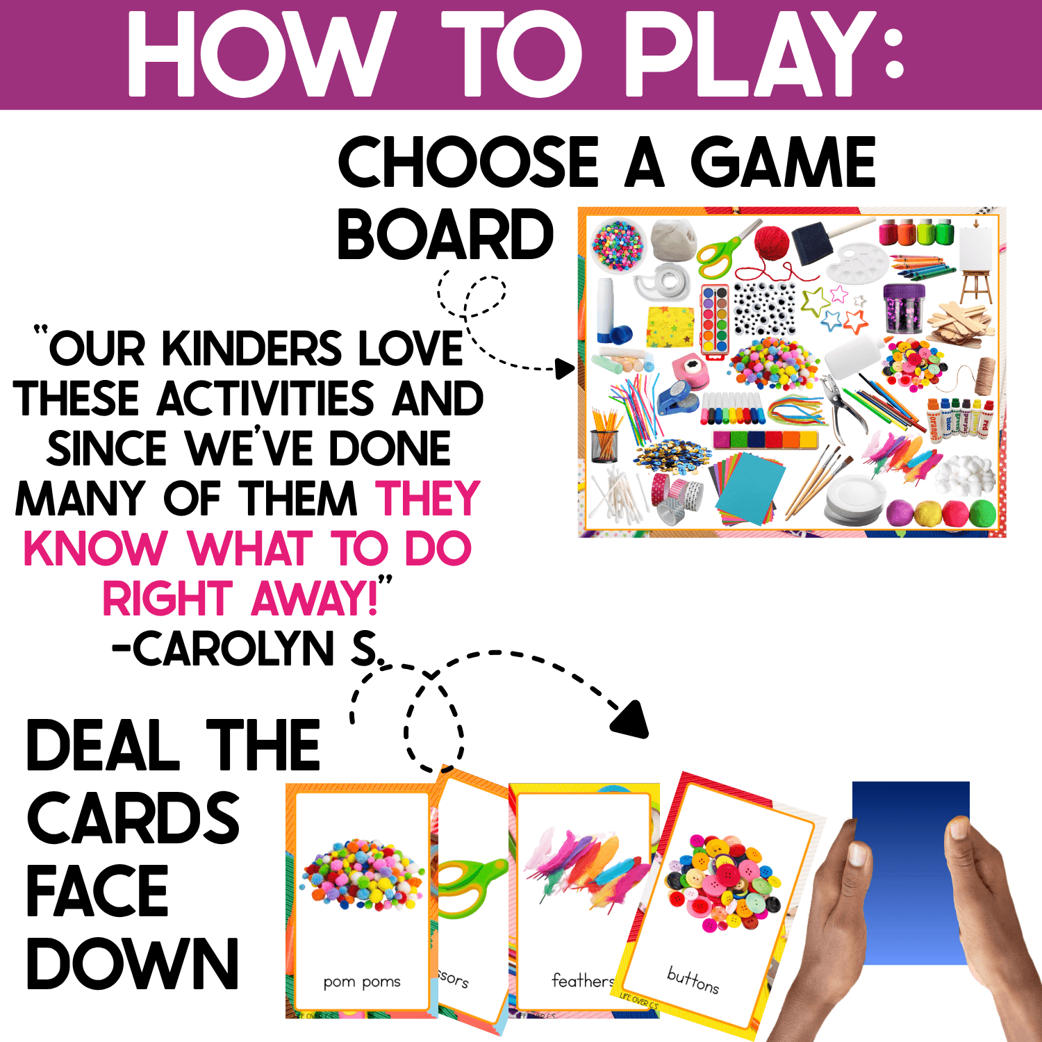 How to play the Craft Supplies I Spy Board Game: choose a real photo game board, then deal the picture cards face down. Sample cards show pom poms, scissors, feathers, and buttons, with children holding card stacks ready to begin the visual matching and vocabulary game.