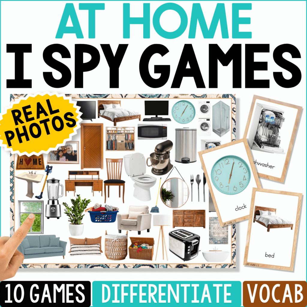 At Home I Spy Games with real photos of familiar household objects including a bed, clock, couch, toilet, mixer, blender, lamp, laundry basket, computer, dishwasher, and furniture. Three matching picture cards show dishwasher, clock, and bed beside the I Spy game board, with “10 Games,” “Differentiate,” and “Vocab” highlighted.
