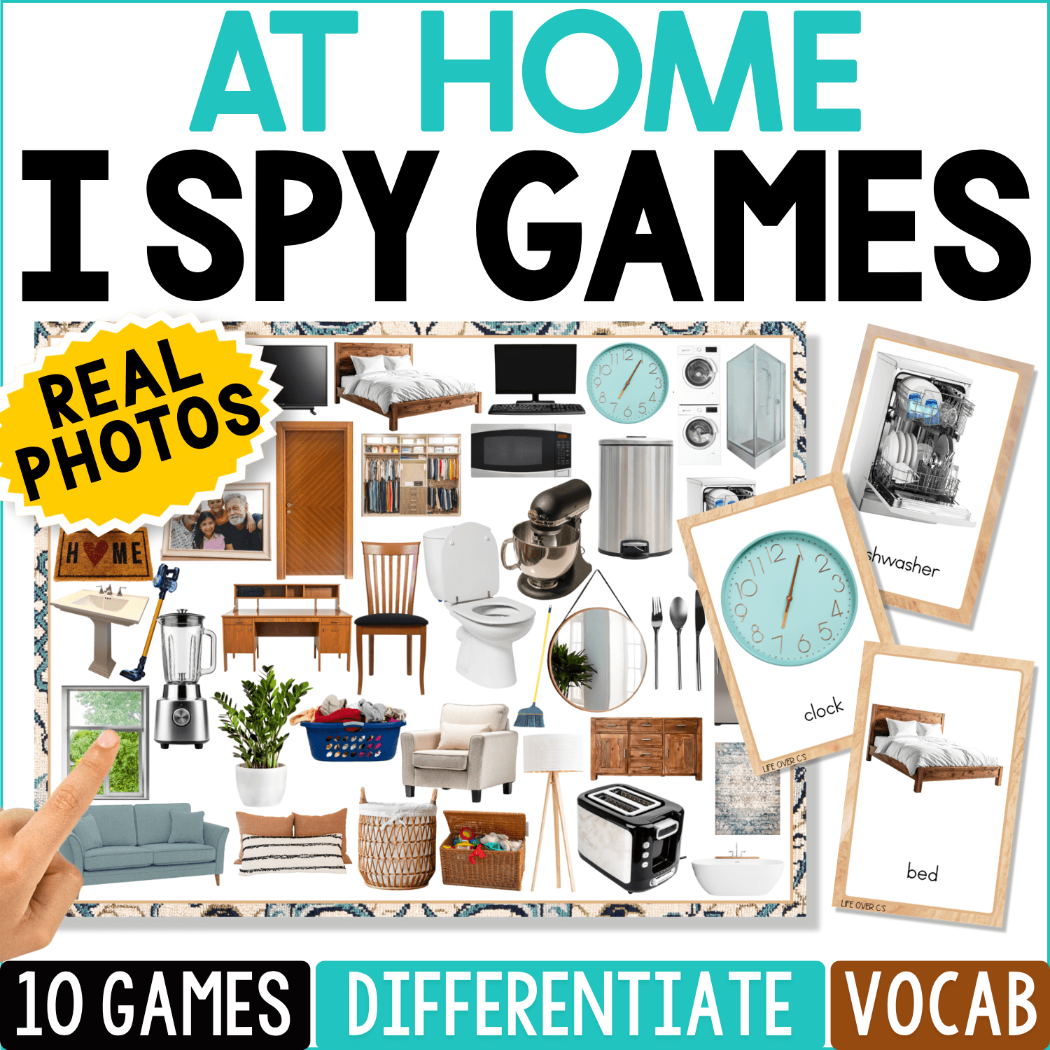At Home I Spy Games with real photos of familiar household objects including a bed, clock, couch, toilet, mixer, blender, lamp, laundry basket, computer, dishwasher, and furniture. Three matching picture cards show dishwasher, clock, and bed beside the I Spy game board, with “10 Games,” “Differentiate,” and “Vocab” highlighted.