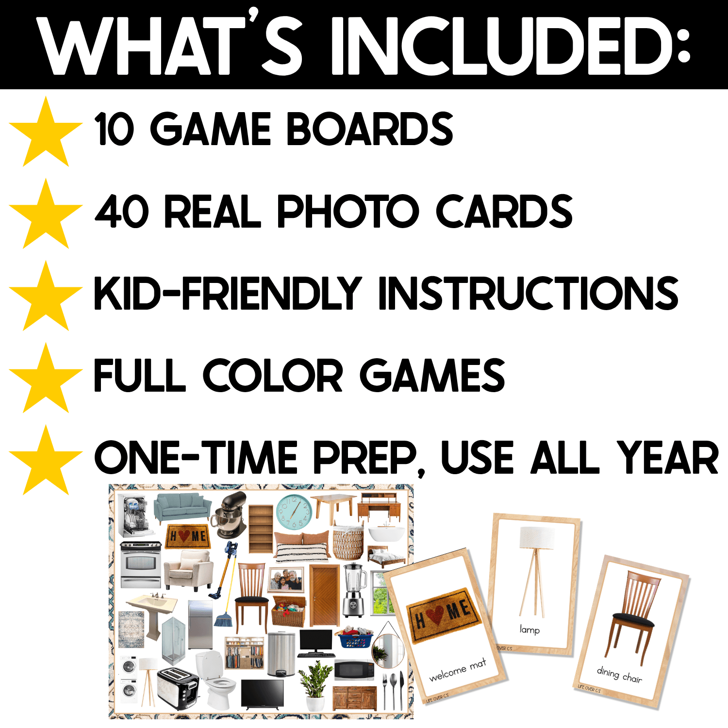 What’s included in the At Home I Spy Board Game: 10 game boards, 40 real photo cards, kid-friendly instructions, full-color games, and one-time prep for year-round use. Preview shows a household object I Spy board with matching welcome mat, lamp, and dining chair picture cards.