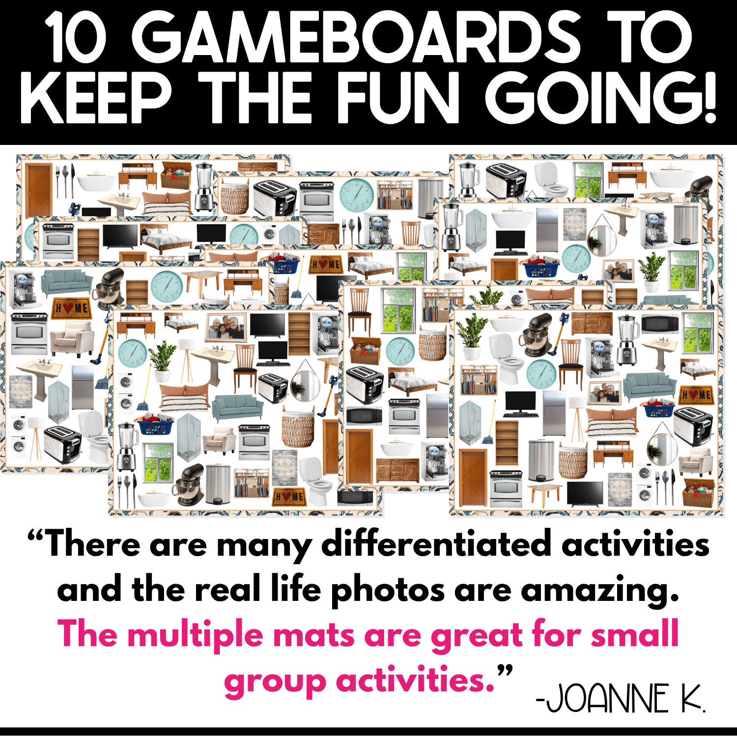 Ten different At Home I Spy game boards filled with real photos of household objects such as appliances, furniture, bathroom items, plants, clocks, laundry baskets, beds, computers, and kitchen tools. Teacher review highlights the differentiated game boards, real-life photos, and usefulness for small group activities.
