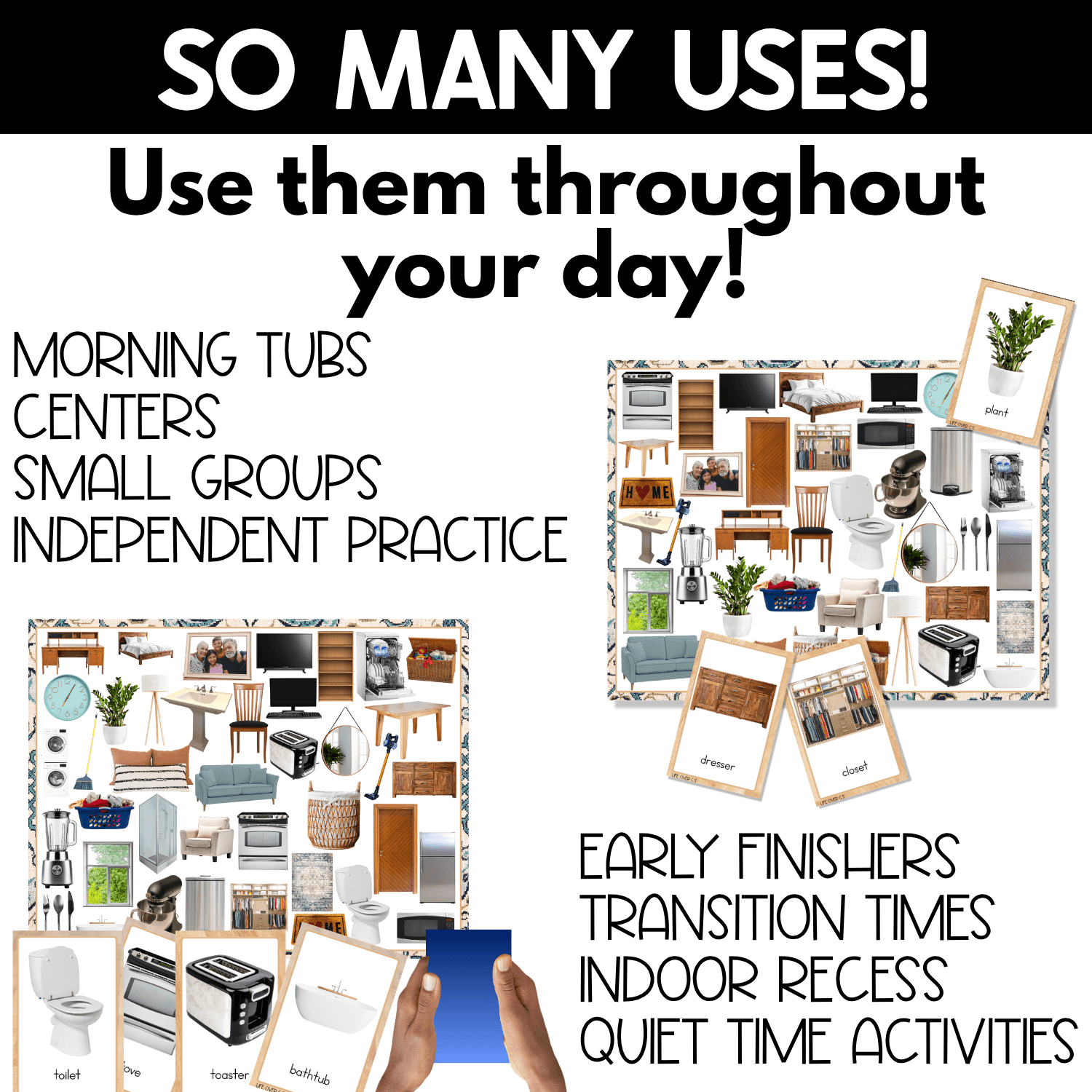 At Home I Spy game ideas for morning tubs, centers, small groups, independent practice, early finishers, transition times, indoor recess, and quiet time. Two real photo household game boards are paired with picture cards for toilet, oven, toaster, bathtub, dresser, closet, and plant.