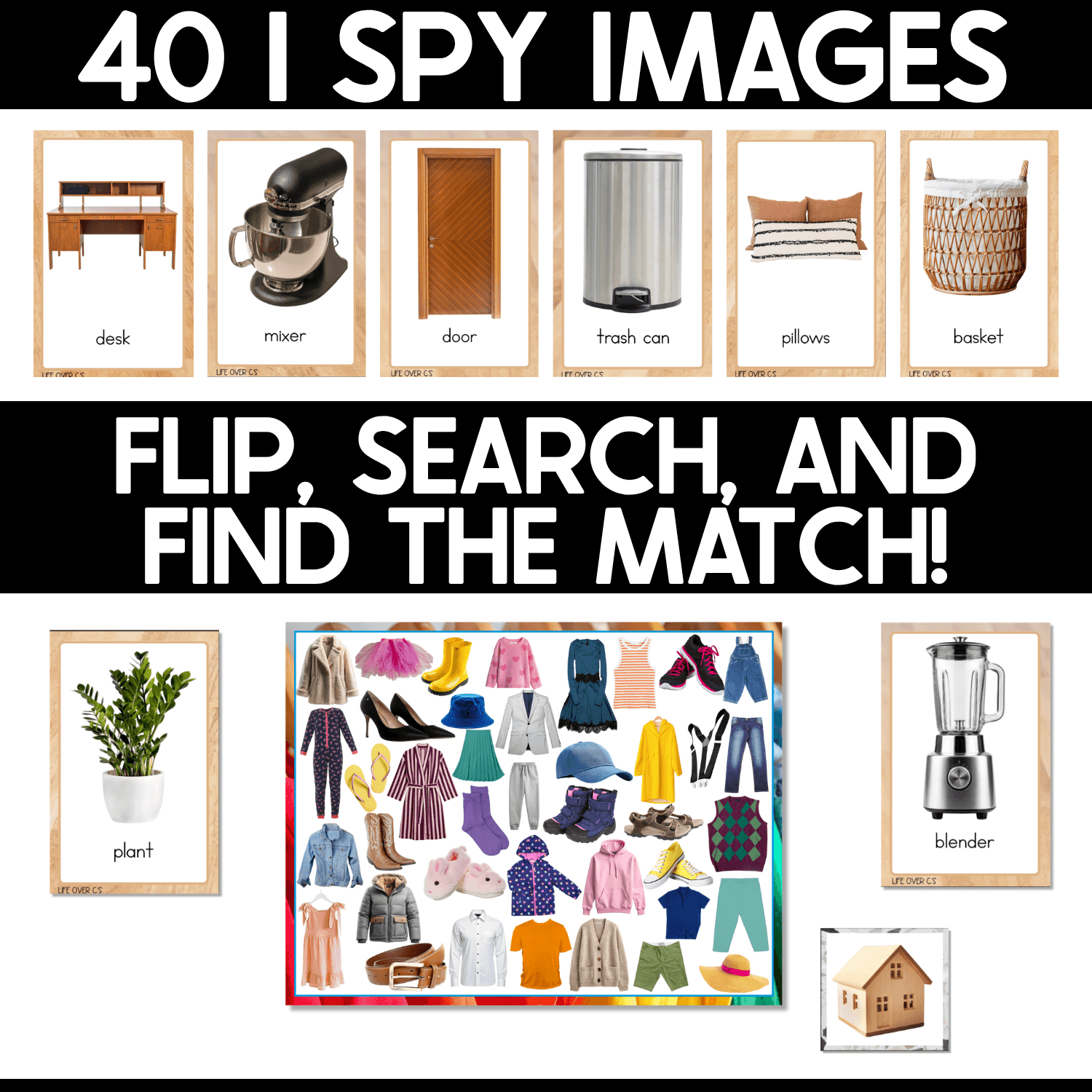 “40 I Spy Images” preview featuring real photo vocabulary cards for desk, mixer, door, trash can, pillows, basket, plant, and blender. The graphic says “Flip, Search, and Find the Match” and shows picture cards surrounding a colorful I Spy game board and small house-shaped game token.