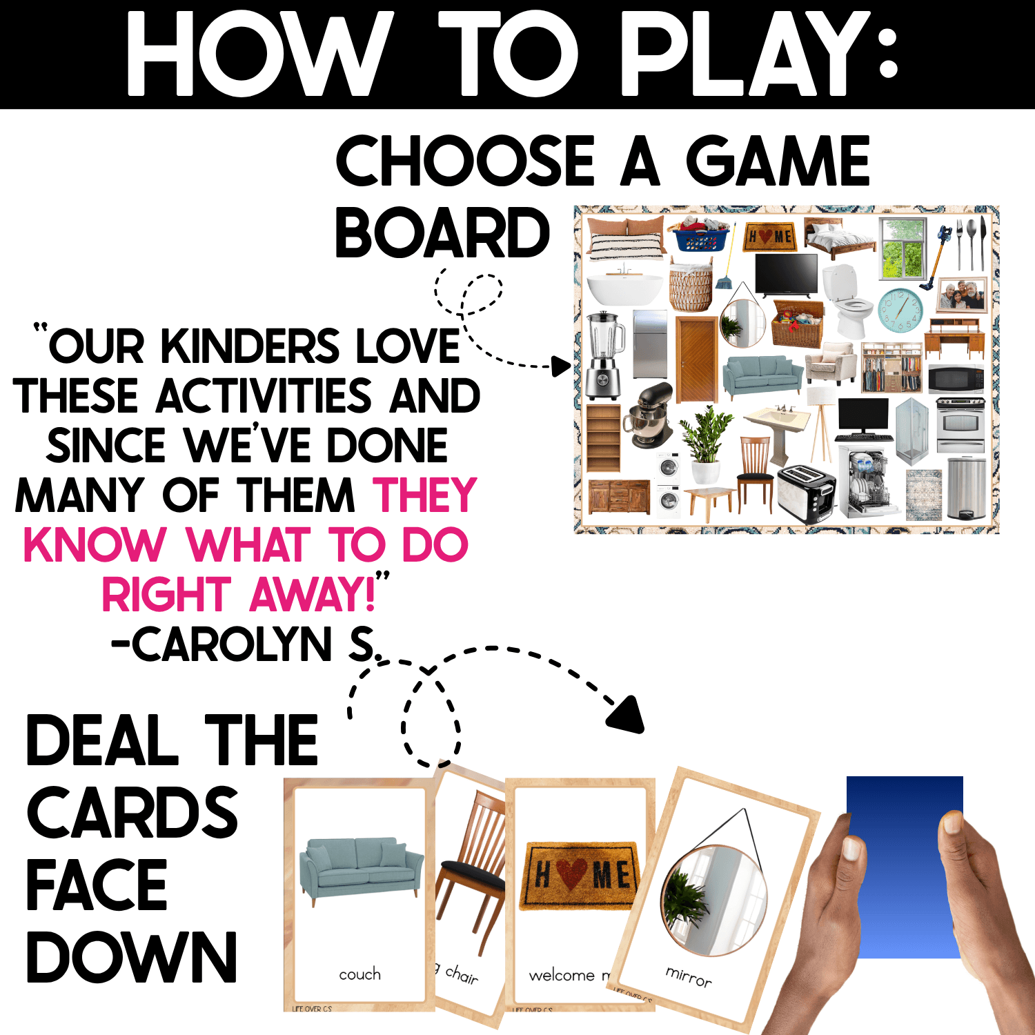 How to play the At Home I Spy Board Game: choose a household object game board and deal the real photo cards face down. Preview includes a game board packed with home vocabulary pictures plus cards for couch, dining chair, welcome mat, and mirror, with hands holding a face-down card.