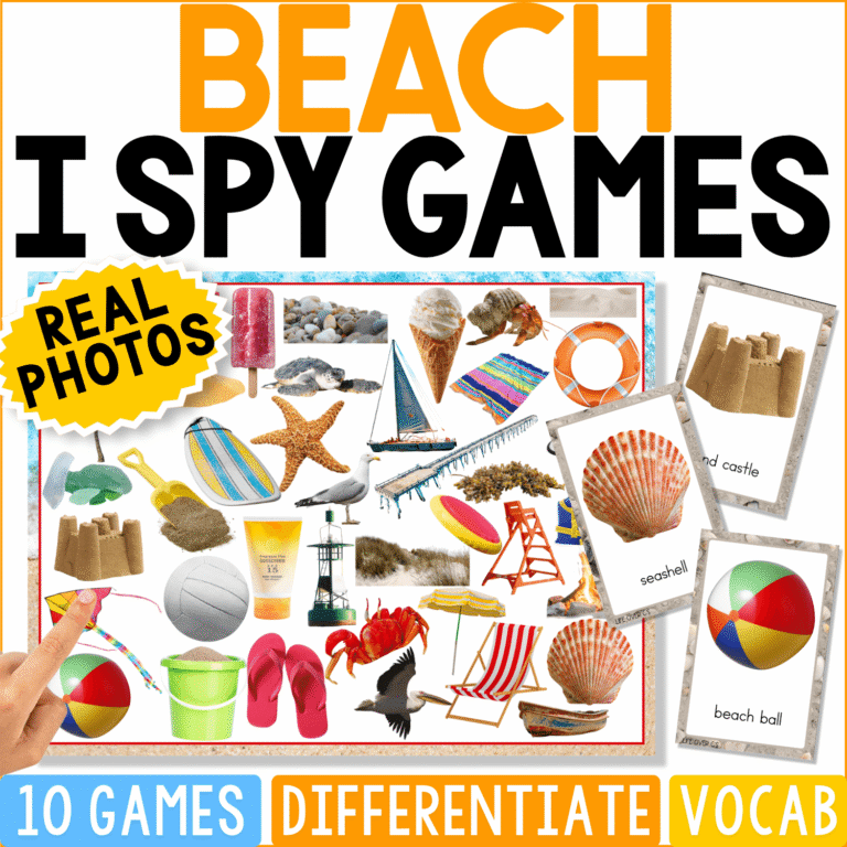 Beach I Spy Games cover featuring real photos of seashells, starfish, beach balls, umbrellas, sand toys, and beach gear for preschool vocabulary, matching, and visual discrimination.